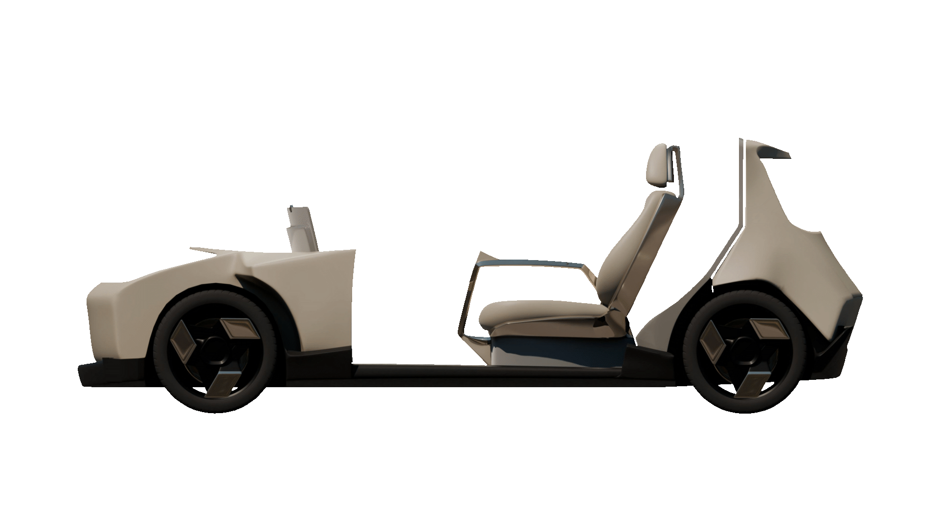 Side view of a futuristic car frame with front and rear wheels and a single seat on an orange background.