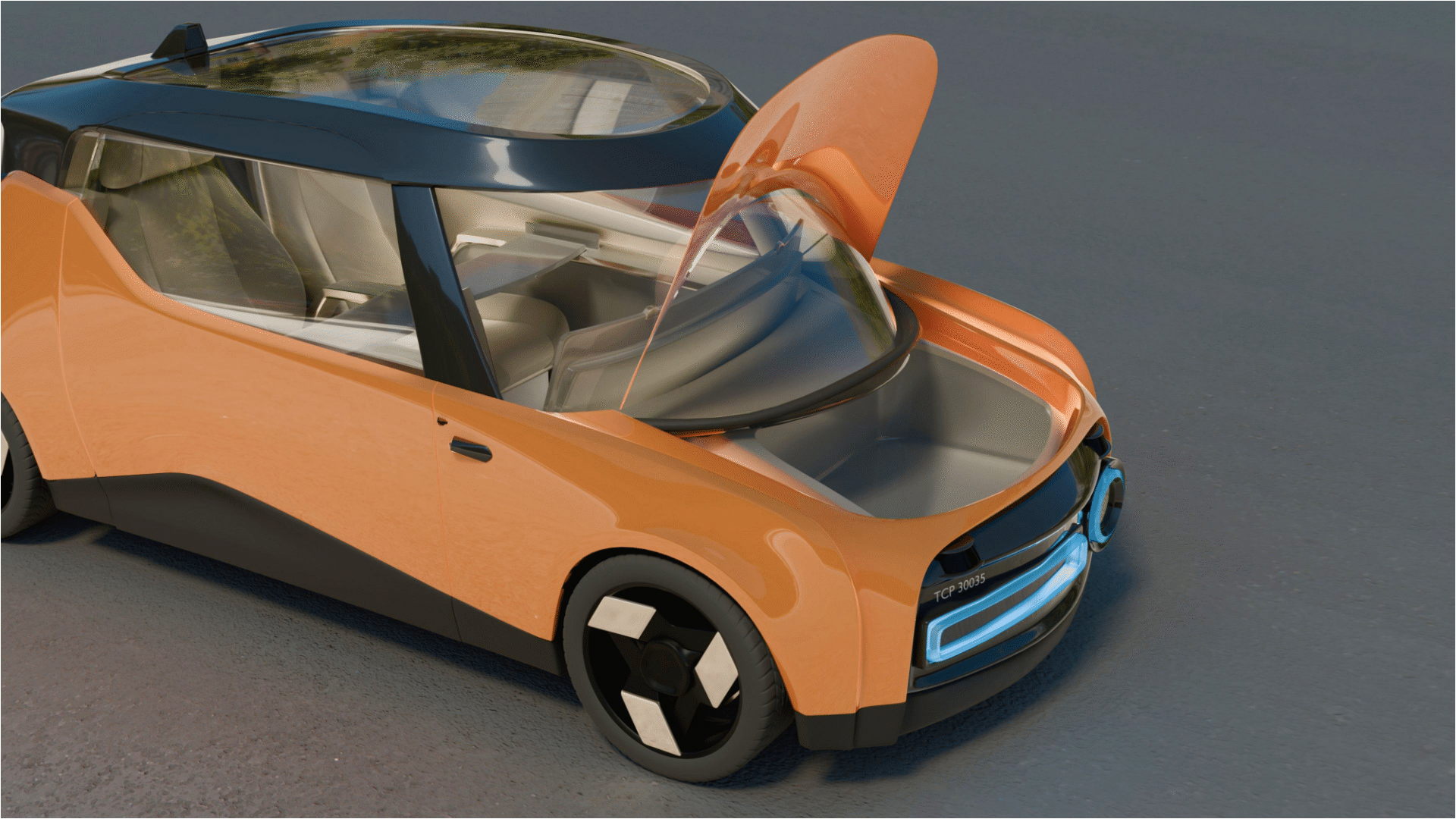Orange compact car with front trunk open showing empty storage space and a black roof.