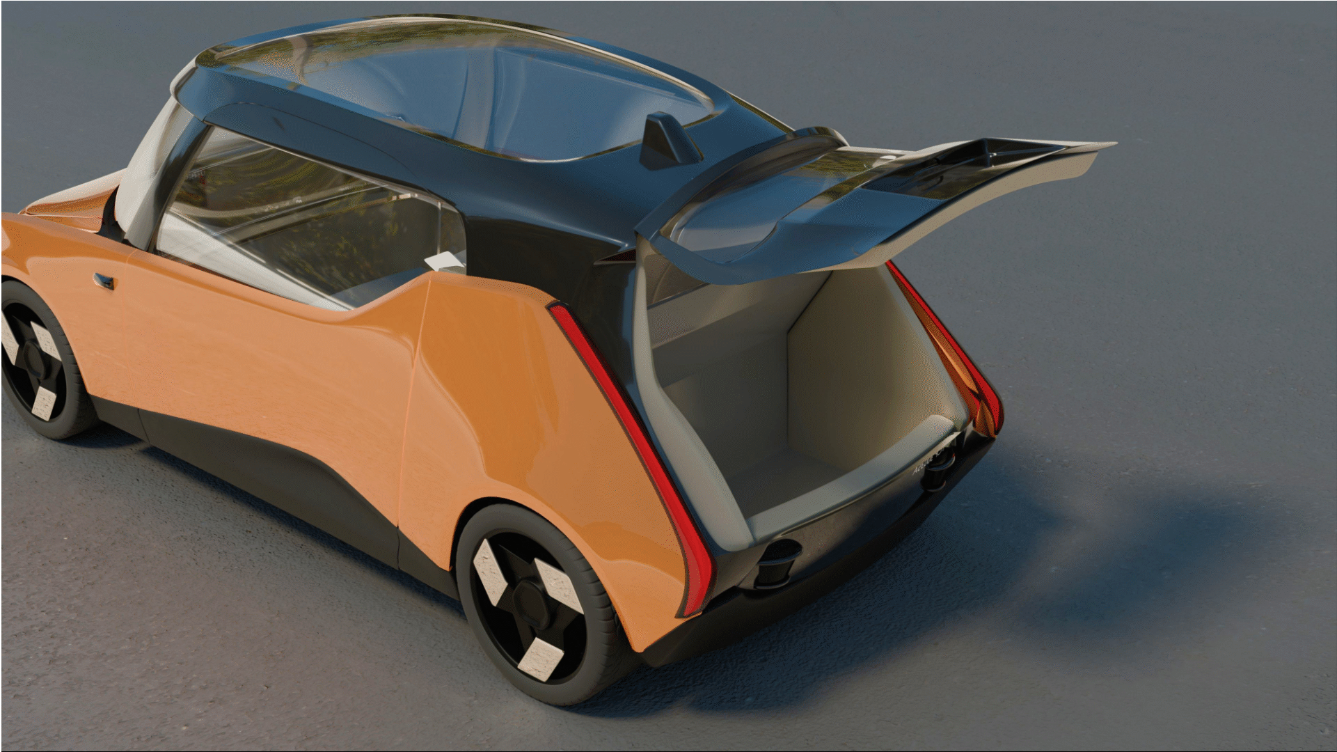 Orange and black futuristic car with an open trunk showing empty storage space.
