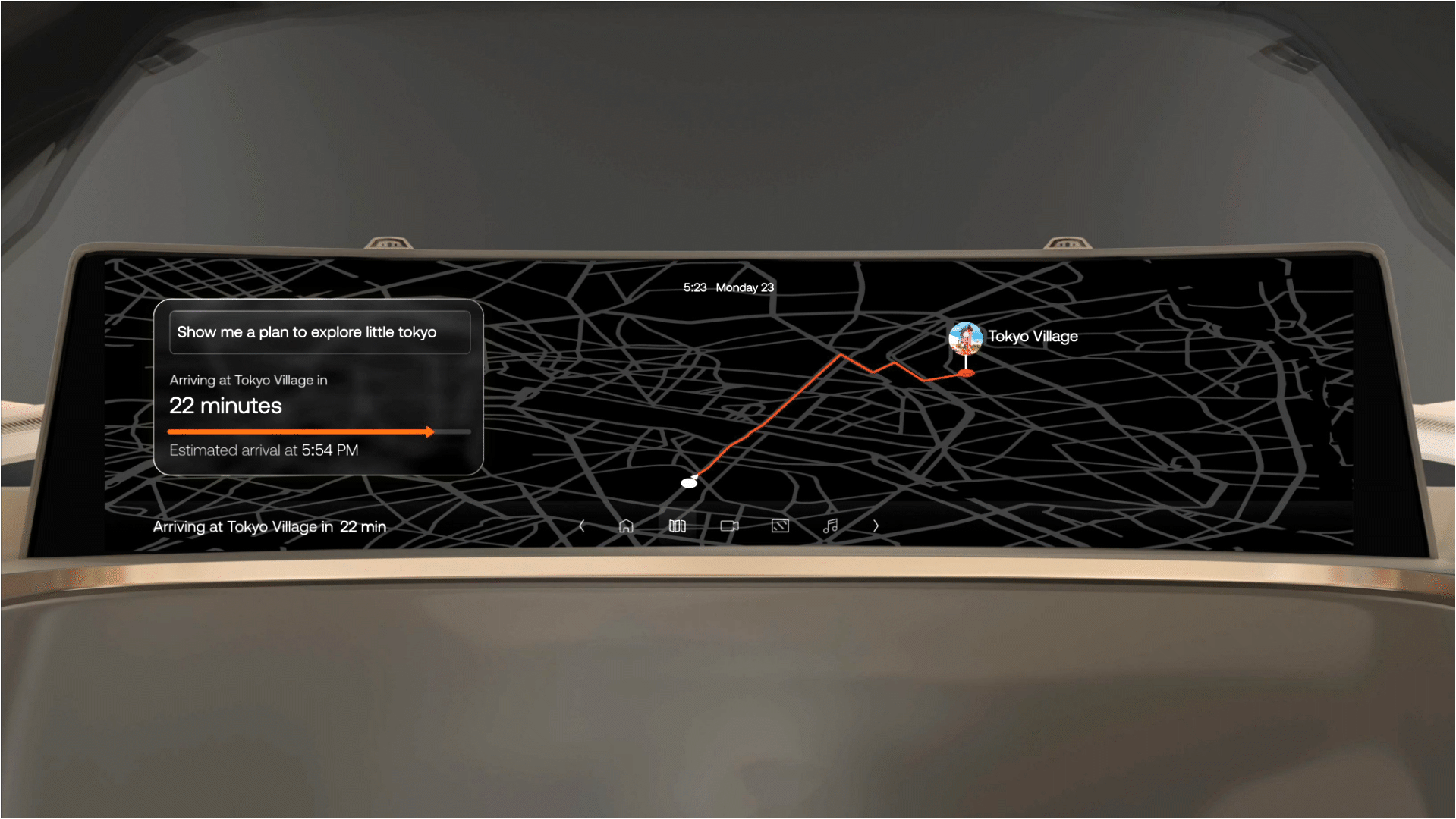 Car dashboard screen showing map with route to Tokyo Village and arrival in 22 minutes.