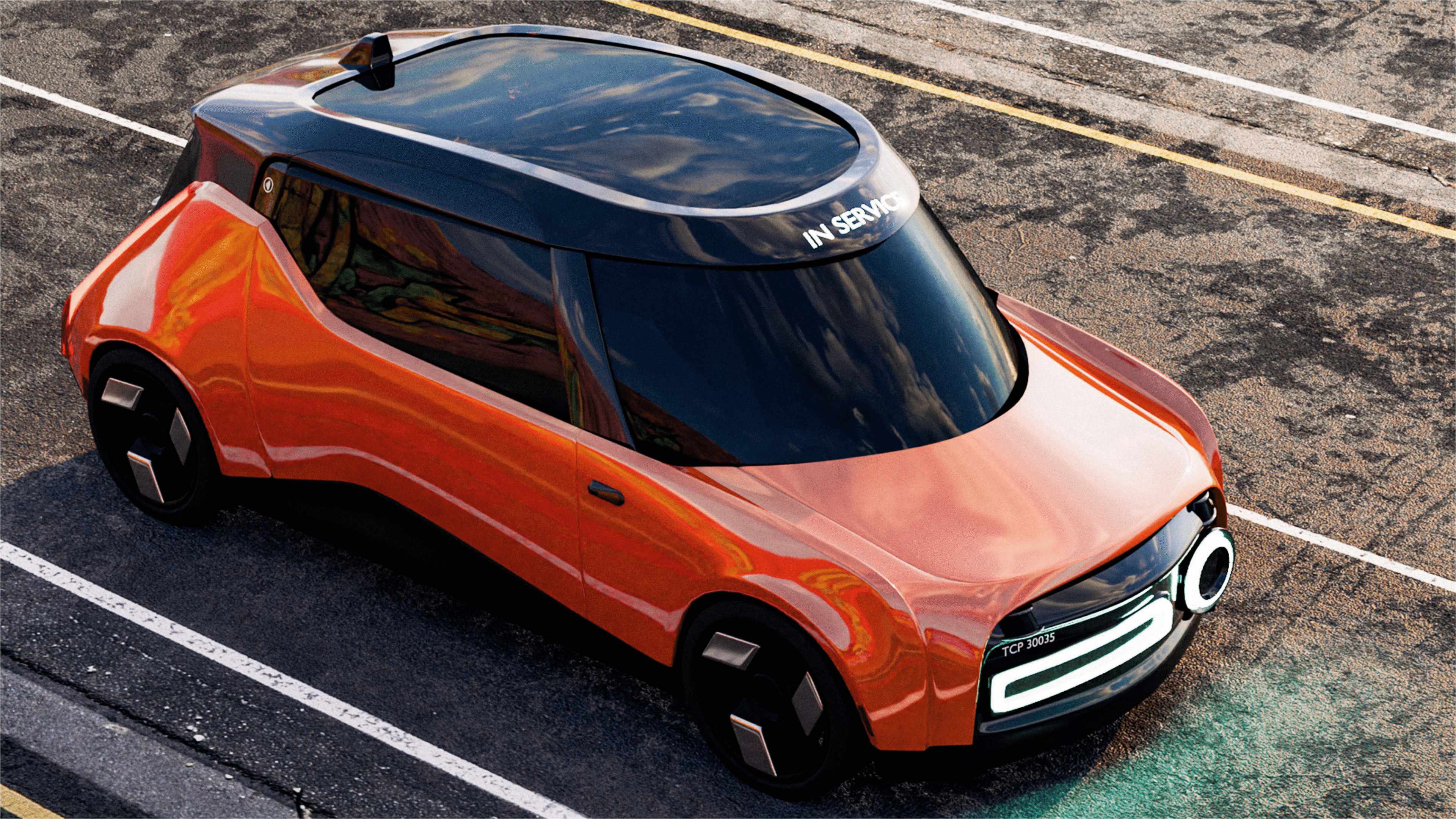 Orange and black futuristic robotaxi parked on asphalt with 'IN SERVICE' on the windshield.