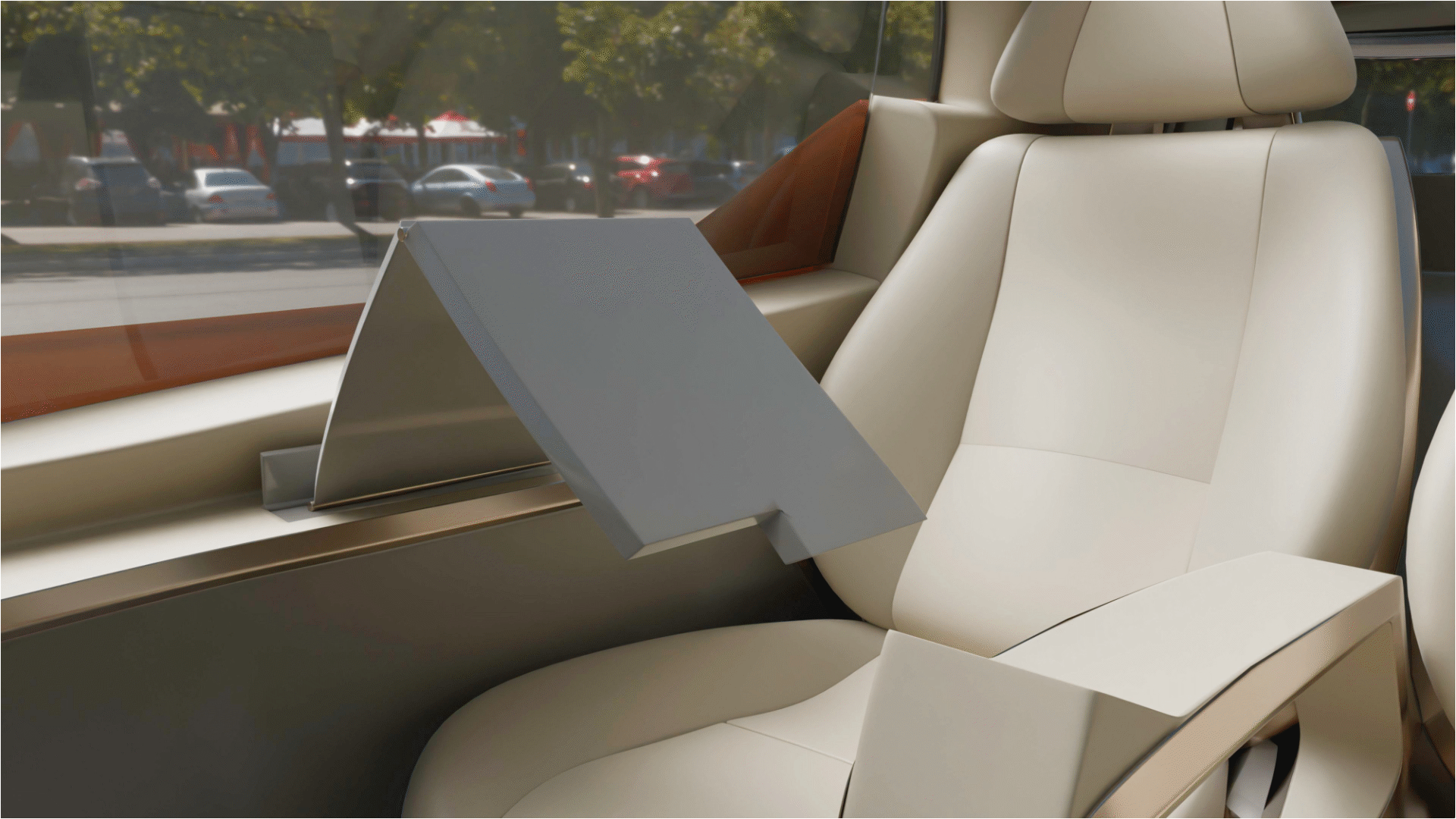 Modern car interior with beige leather seat and adjustable gray tablet mounted by window.