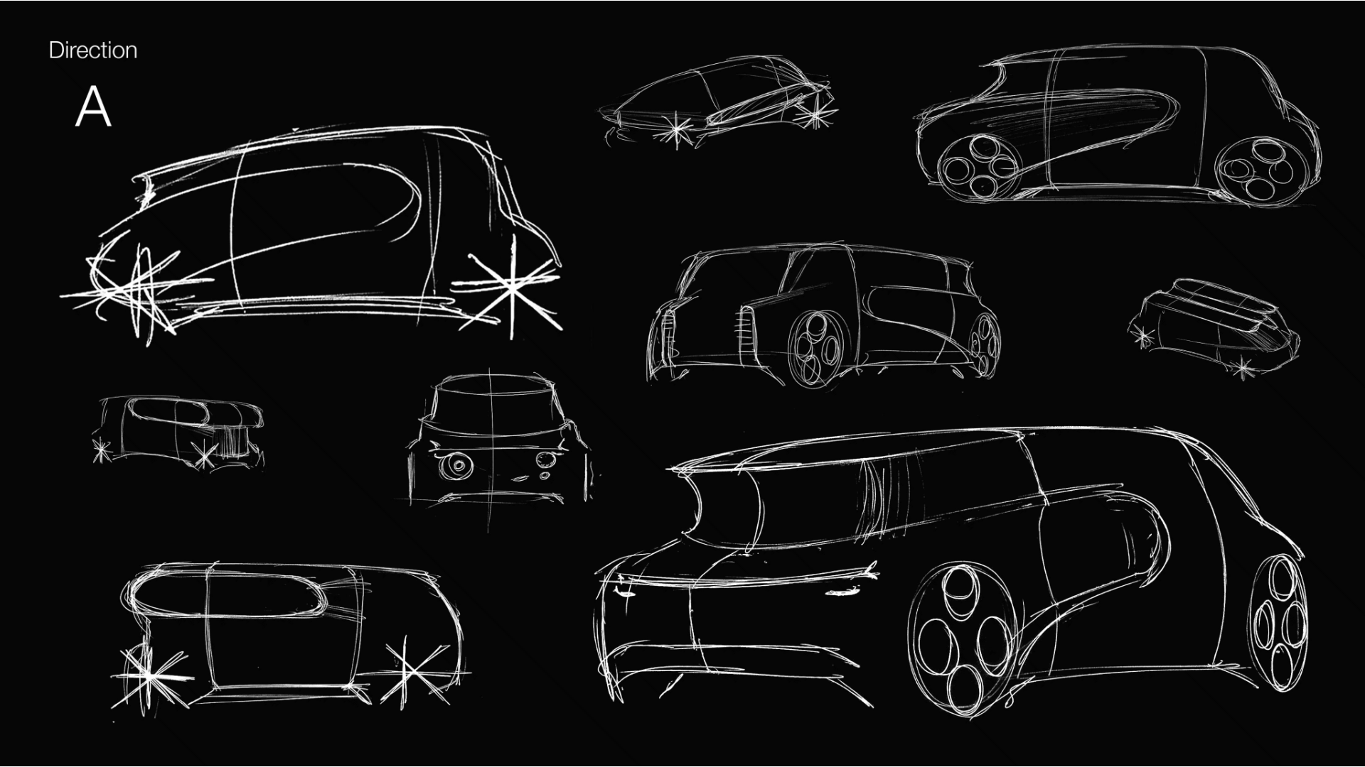 White sketches of futuristic, boxy robotaxi designs on a black background with different views and angles.