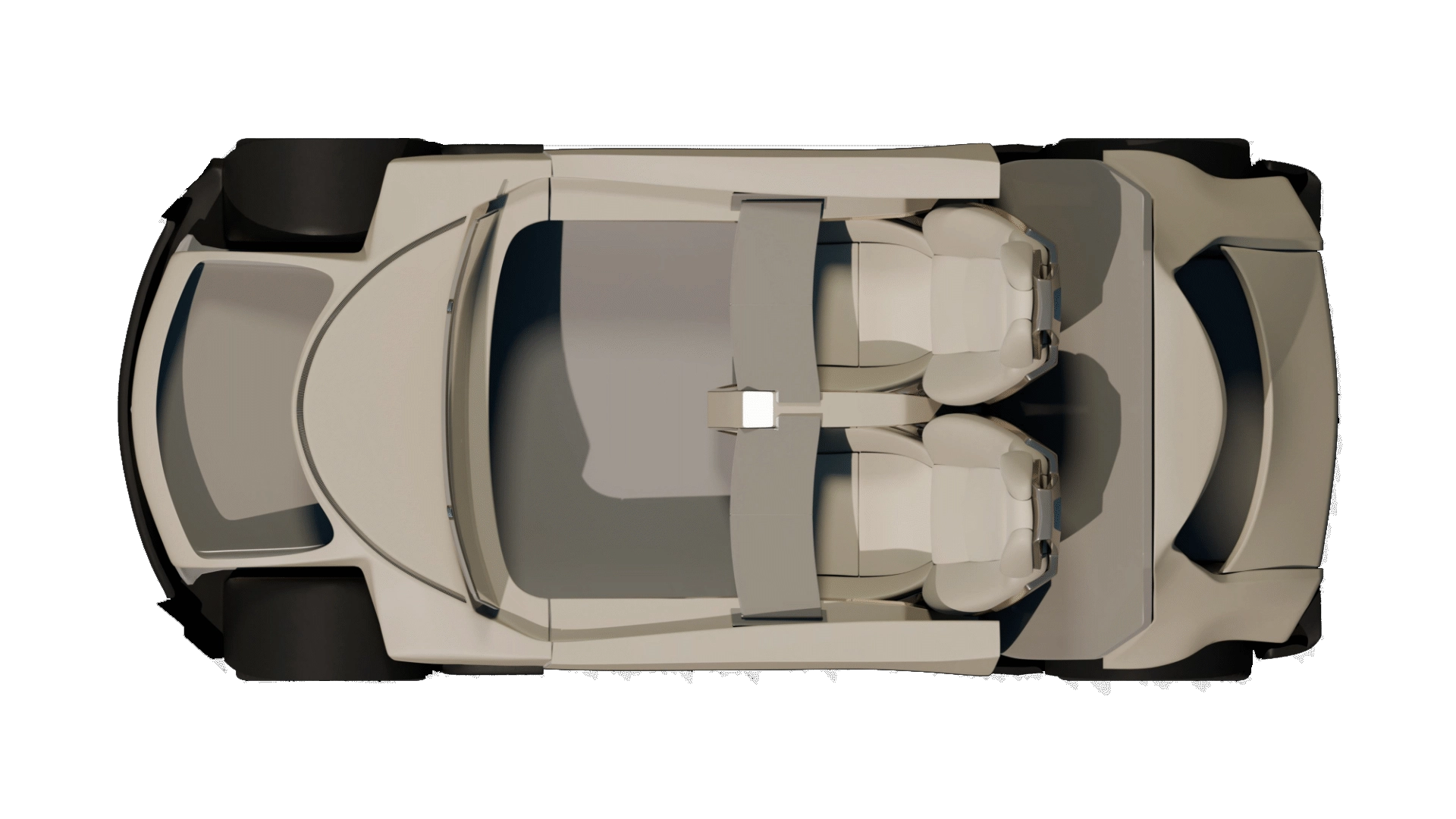 Top view of a futuristic two-seat vehicle interior with beige seats and a central console.