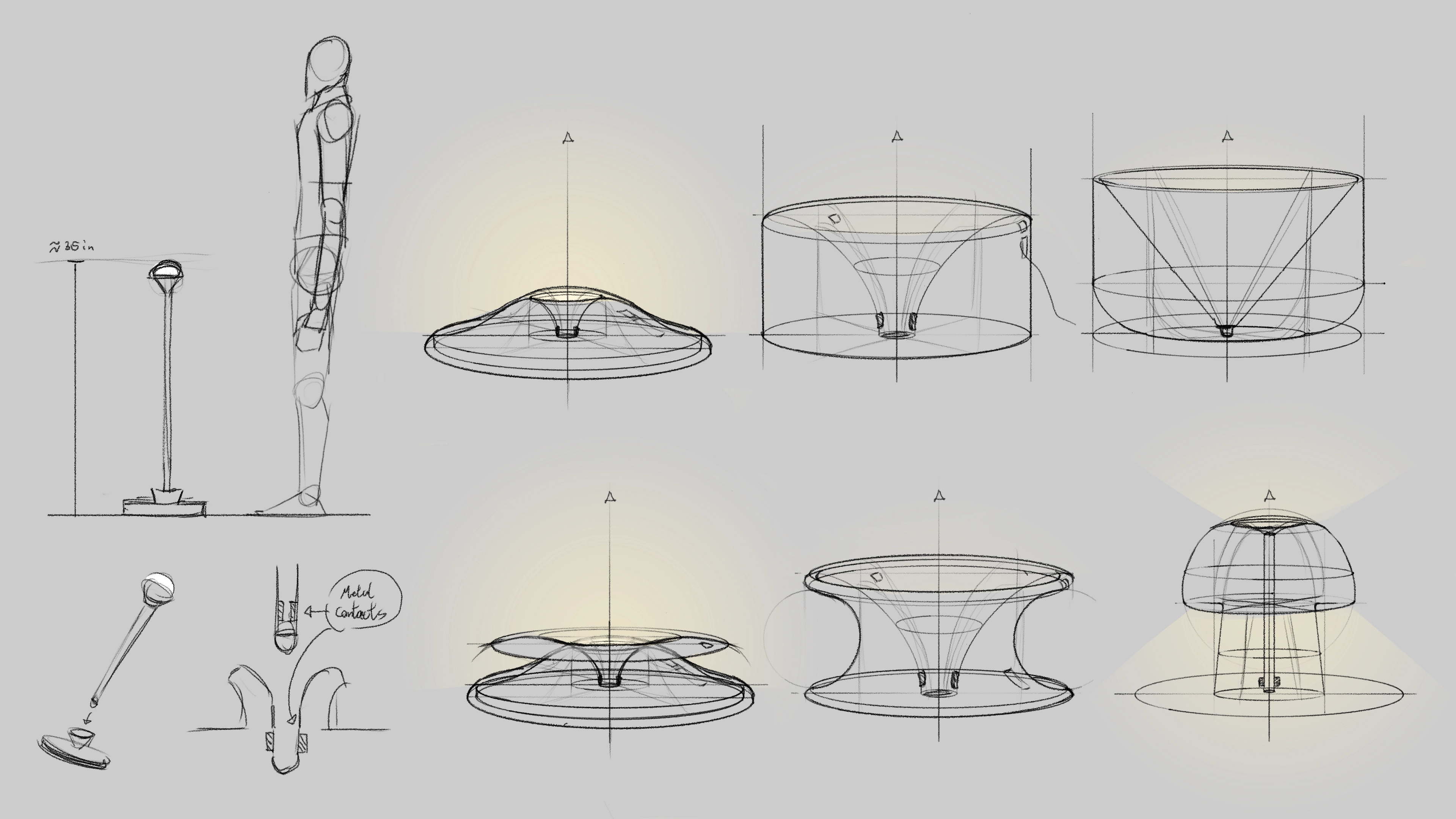 Concept sketches of a tall lamp design and dome-shaped light emitting devices with cross-sectional views.