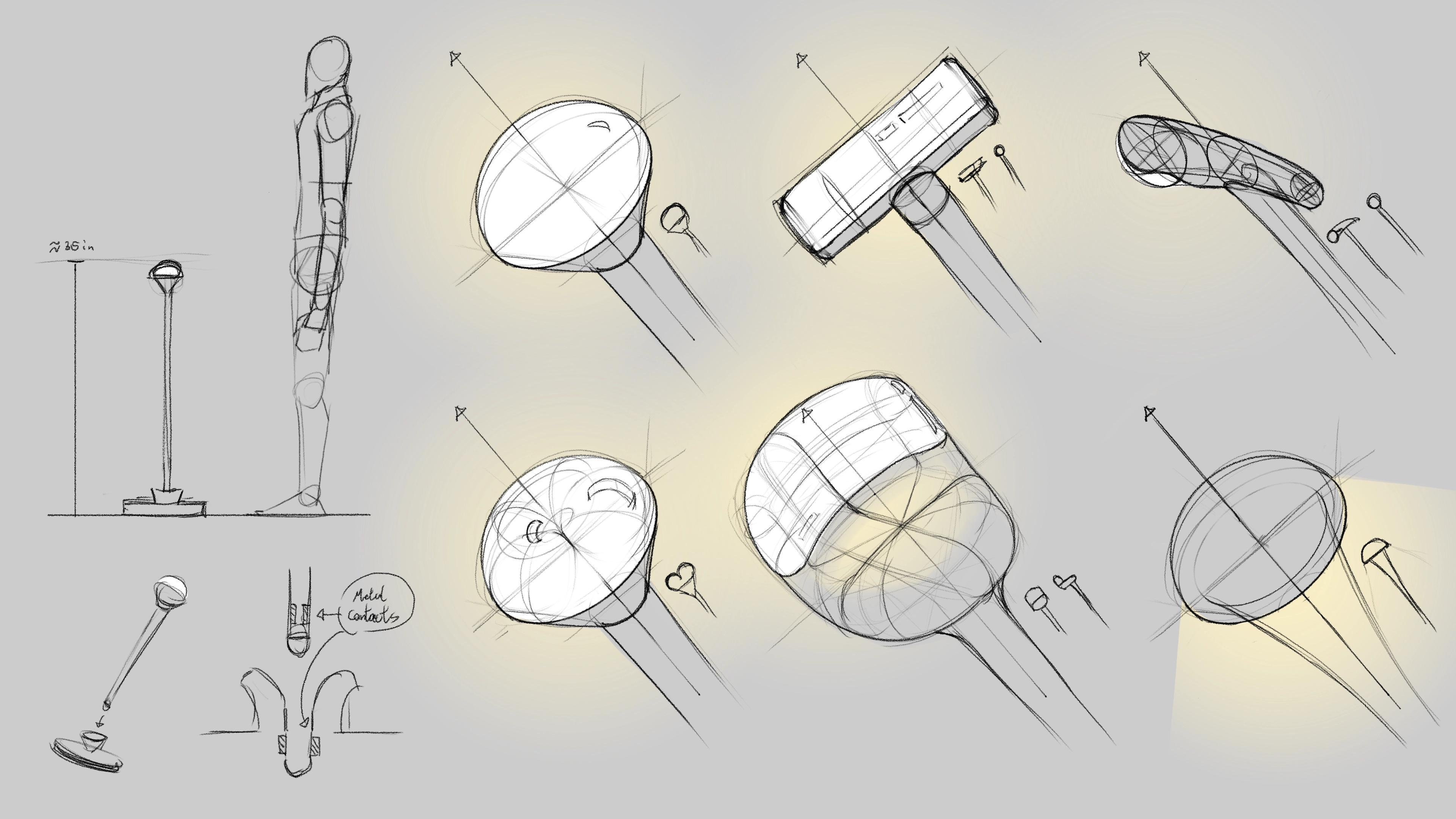 Concept sketches of a tall, modern lamp with various top views and a human figure for scale.