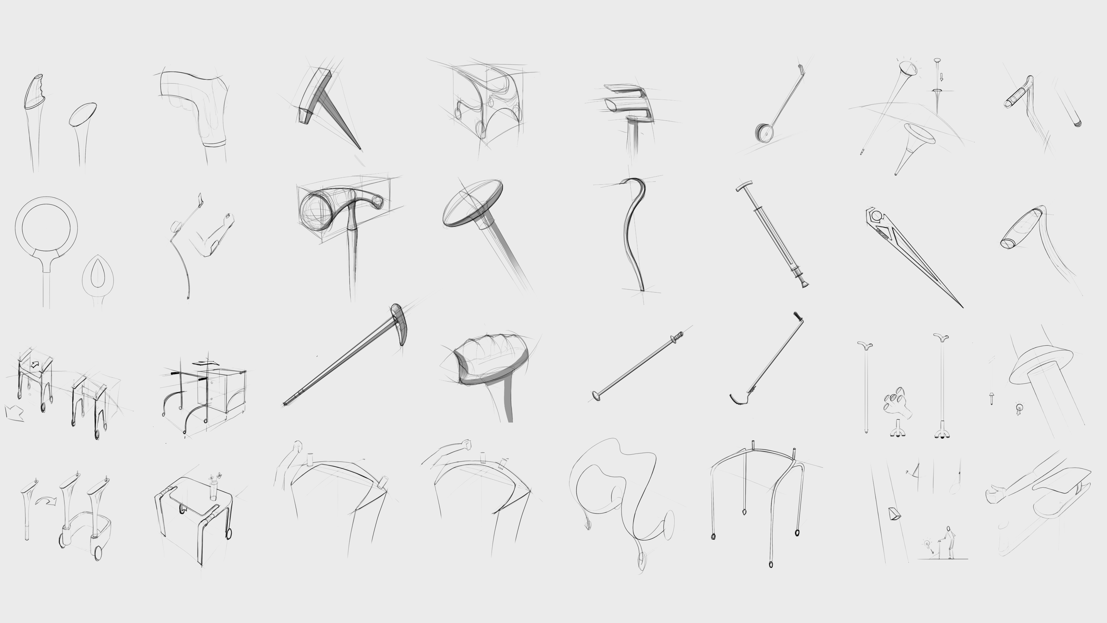 Sketches of various gardening tools including stakes, pruners, and hand rakes on a neutral background.