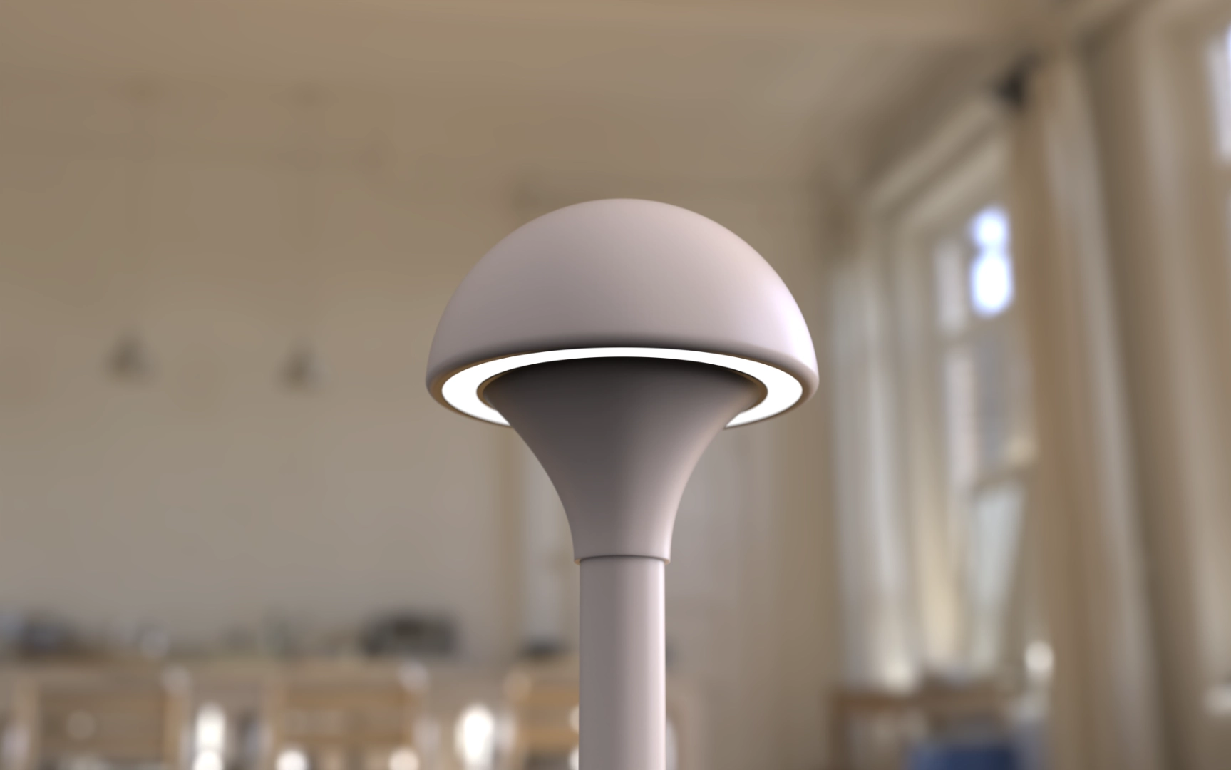 Modern mushroom-shaped lamp with circular LED light ring in a blurred room with windows and chairs.