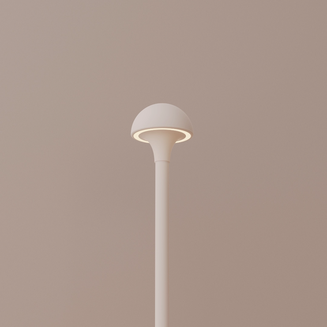 Minimalist modern street lamp with glowing ring under dome-shaped top on a beige background.