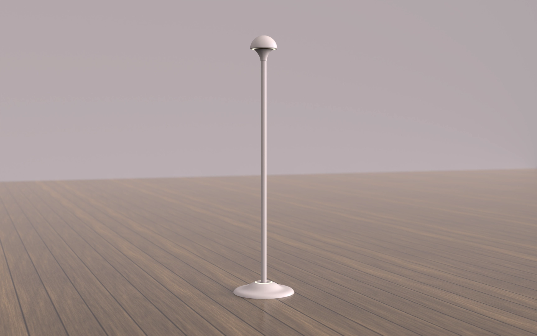 Minimalist white floor lamp with a rounded top on wood floor and plain gray background.