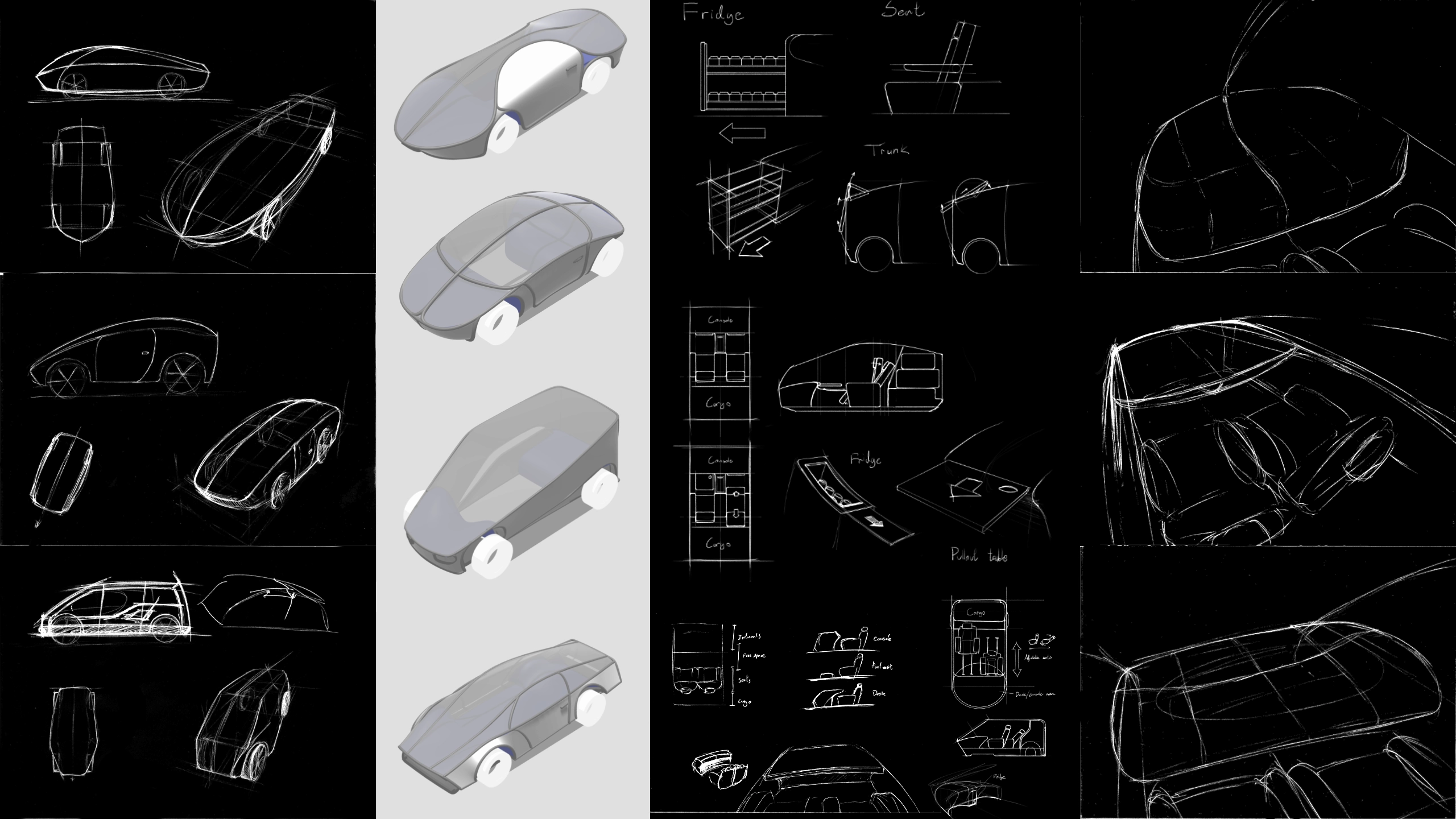 Concept sketches and 3D models of car designs, including side views and interior layouts.