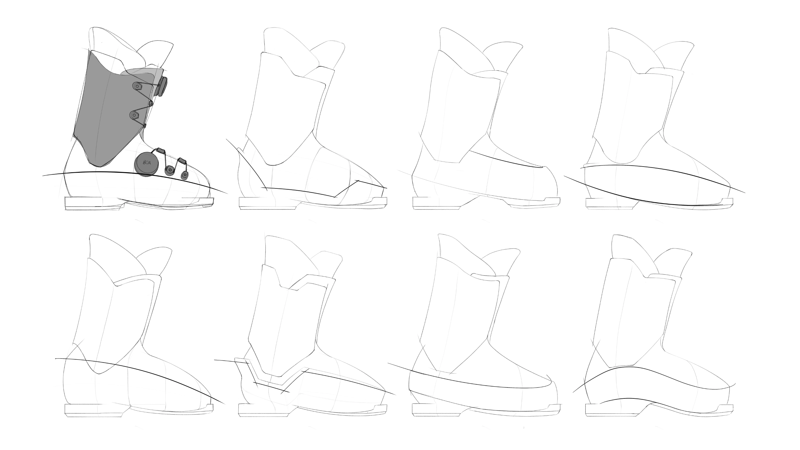 Sketches of eight side views of boot designs, one with a fastener and shaded overlap piece.