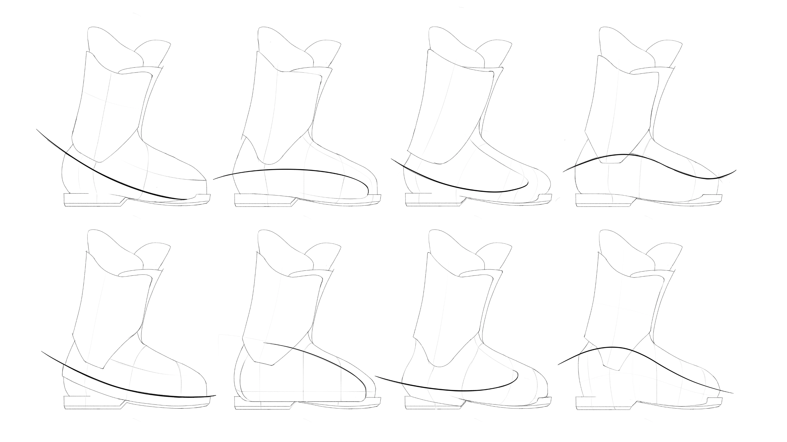 Eight side-view line sketches of a boot with varying curved sole designs shown by thick black lines.