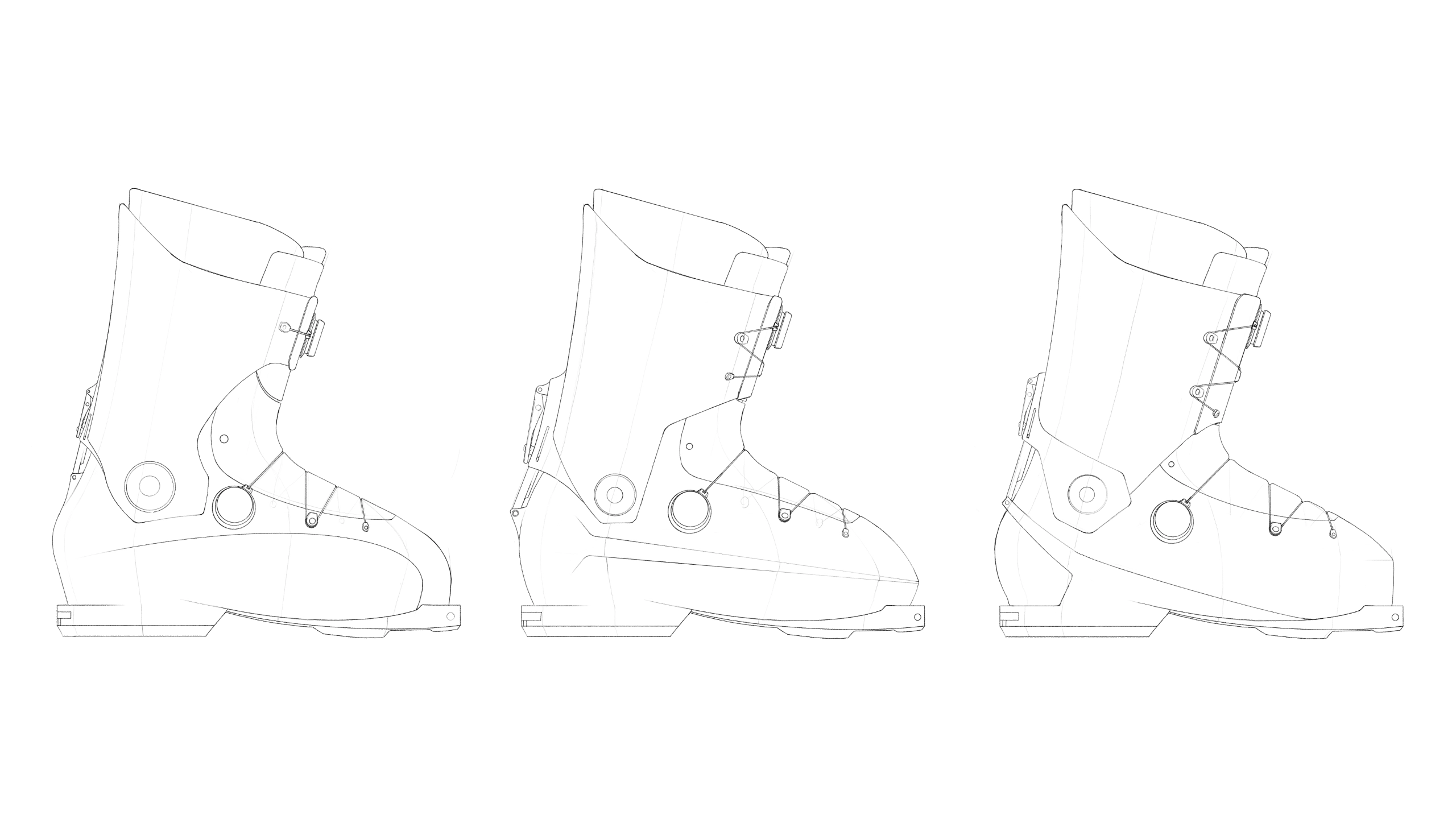 Line drawing of a ski boot shown in three stages of fastening from left to right.