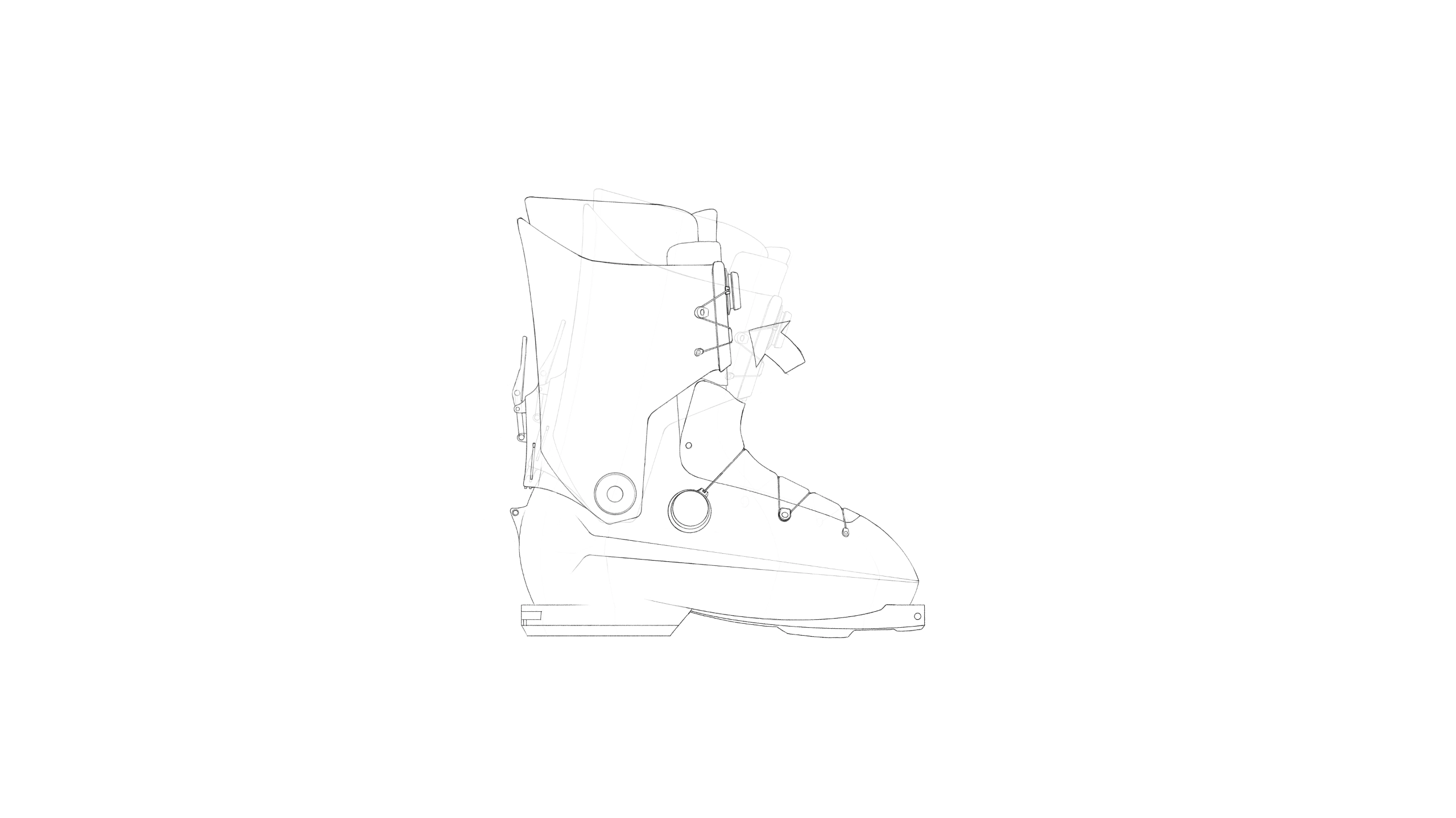 Technical line drawing showing a side view of a ski boot with moving parts and an arrow indicating motion.