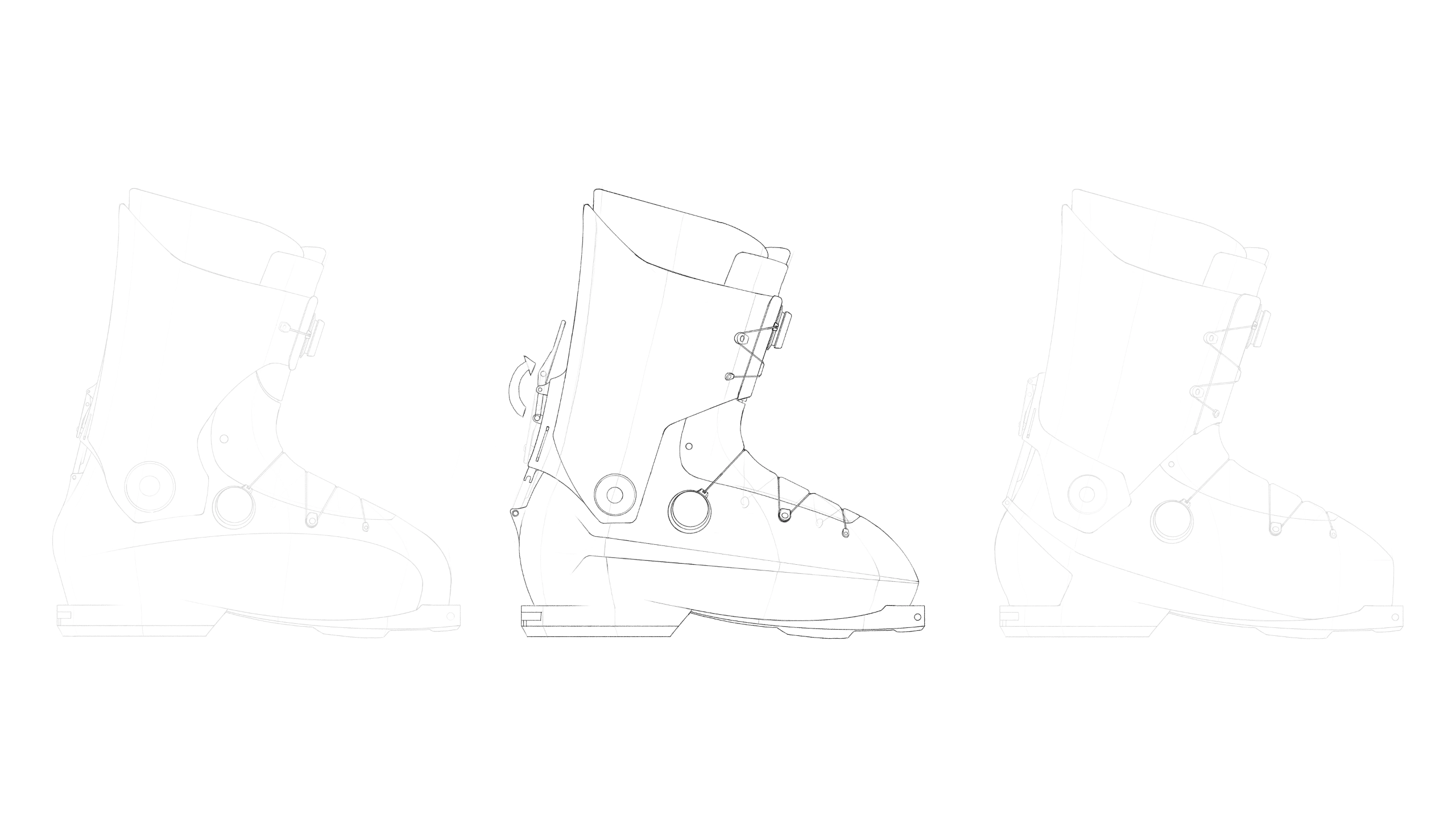Technical sketch of a ski boot in three side views showing its design and adjustment mechanism.