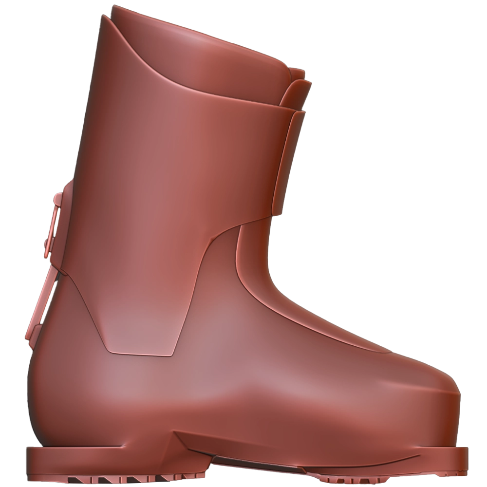 Side view of a brown ski boot with a buckle on the back and a textured sole.