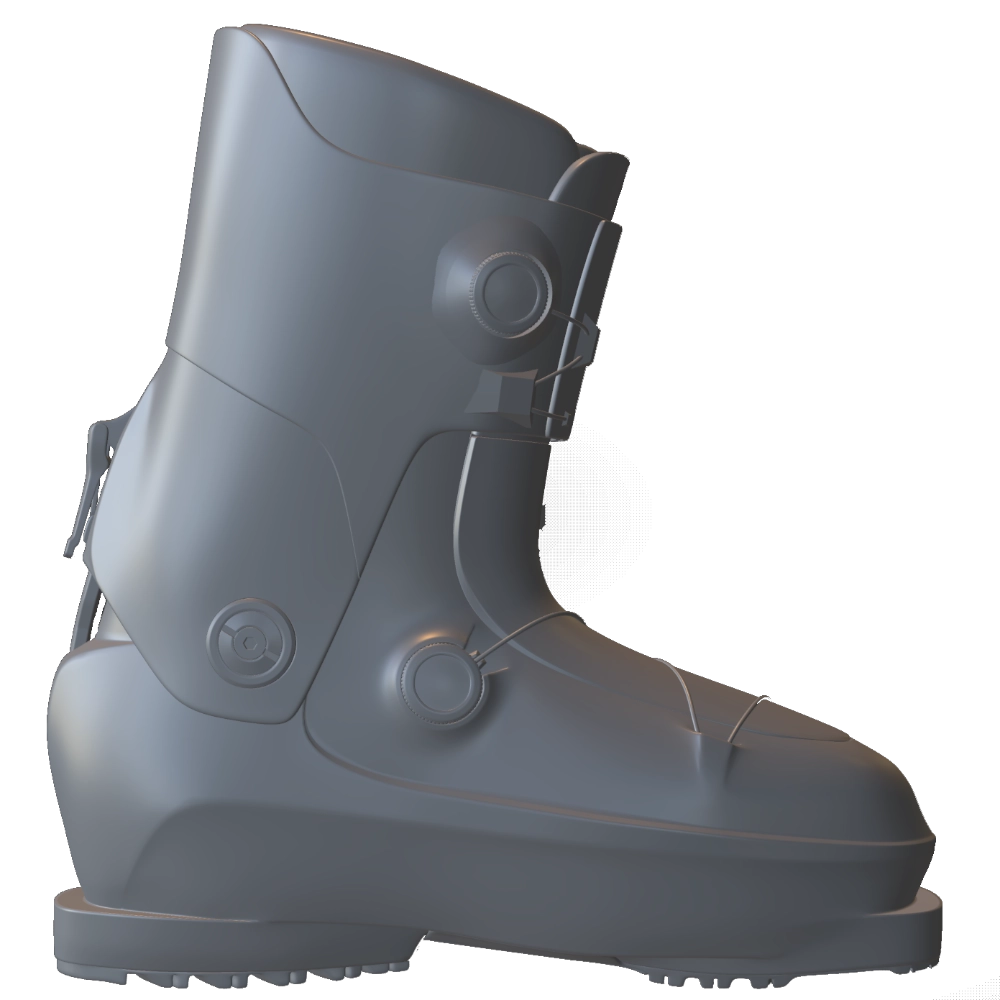 Side view of a gray ski boot with adjustment dials and textured sole.