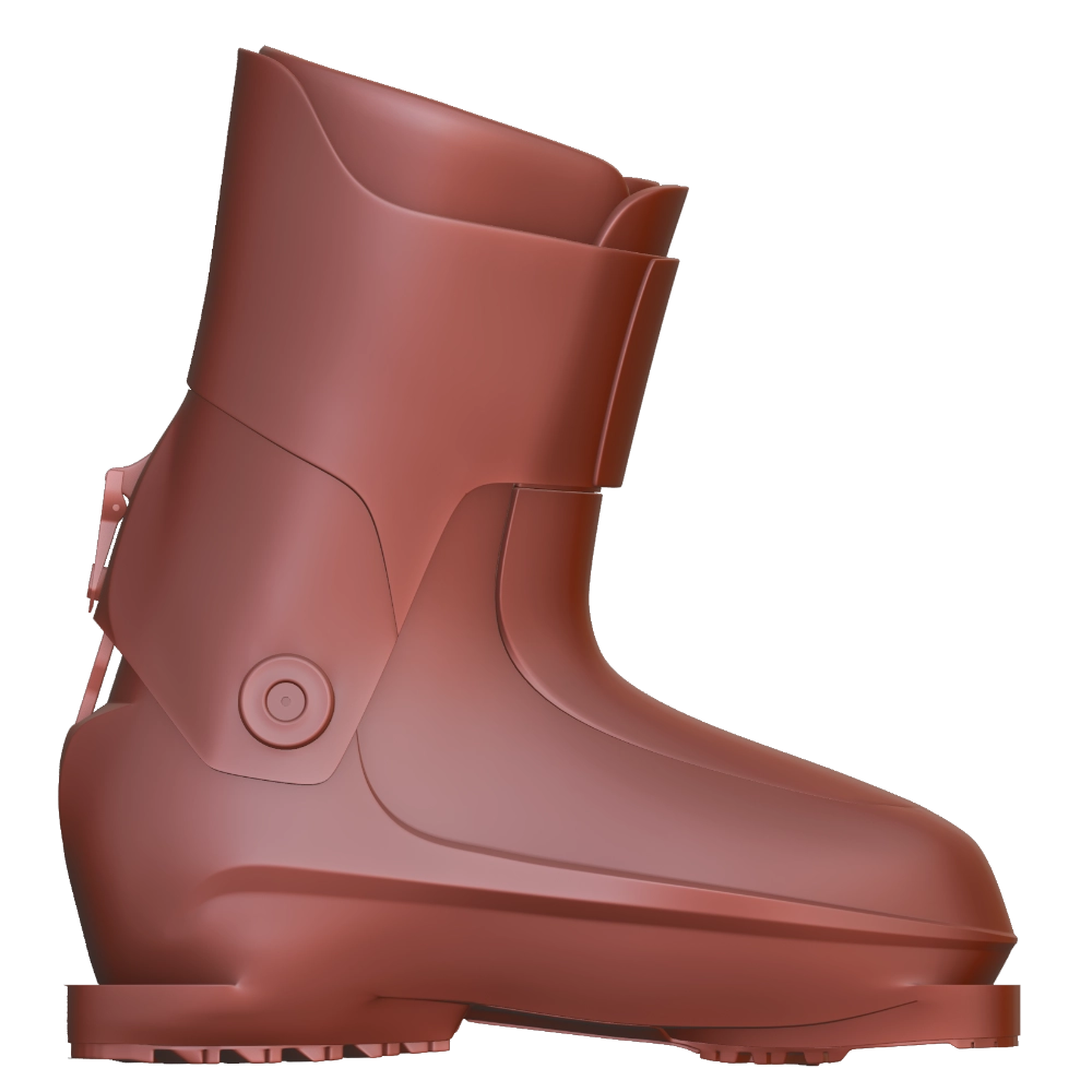 Side view of a brown ski boot with a buckle and sturdy sole.