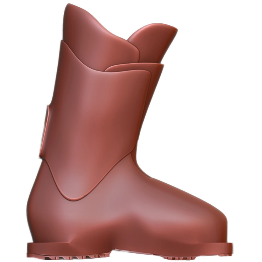 Side view of a brown mid-calf rubber boot with a textured sole.