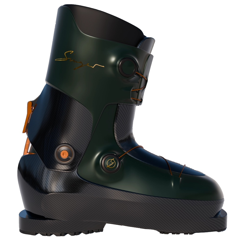 High-tech, dark green and black ski boot with orange accents and adjustment dials on the side.