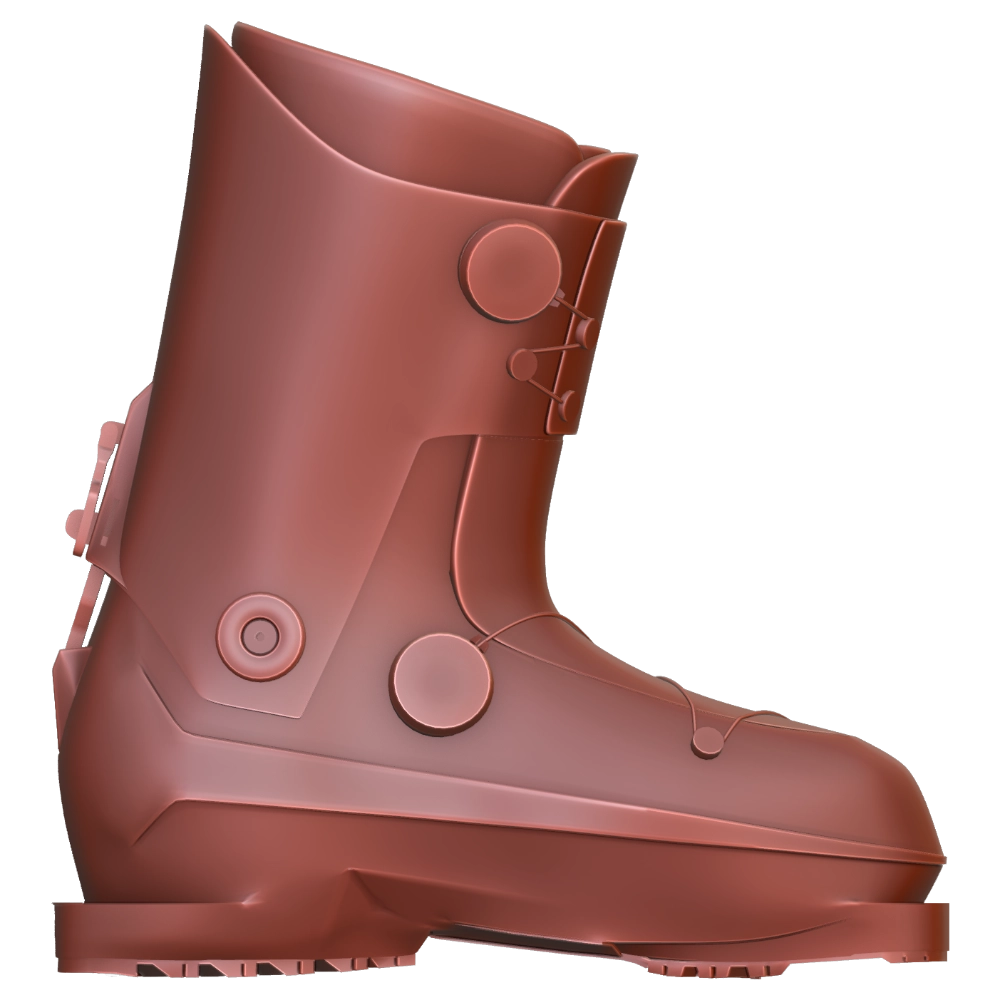 Side view of a red ski boot with thick sole and adjustment dials.