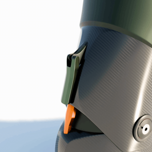Close-up of a carbon fiber latch with an orange tab on a dark green curved surface.