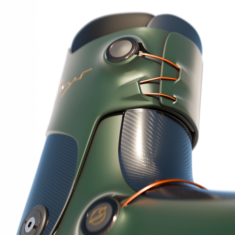 Close-up of a green and blue high-tech boot with orange laces and metallic details.