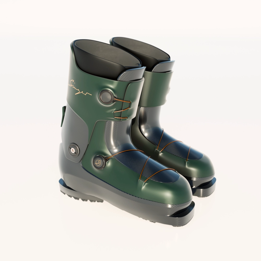 Pair of modern green and black snow boots with orange laces on a white background.