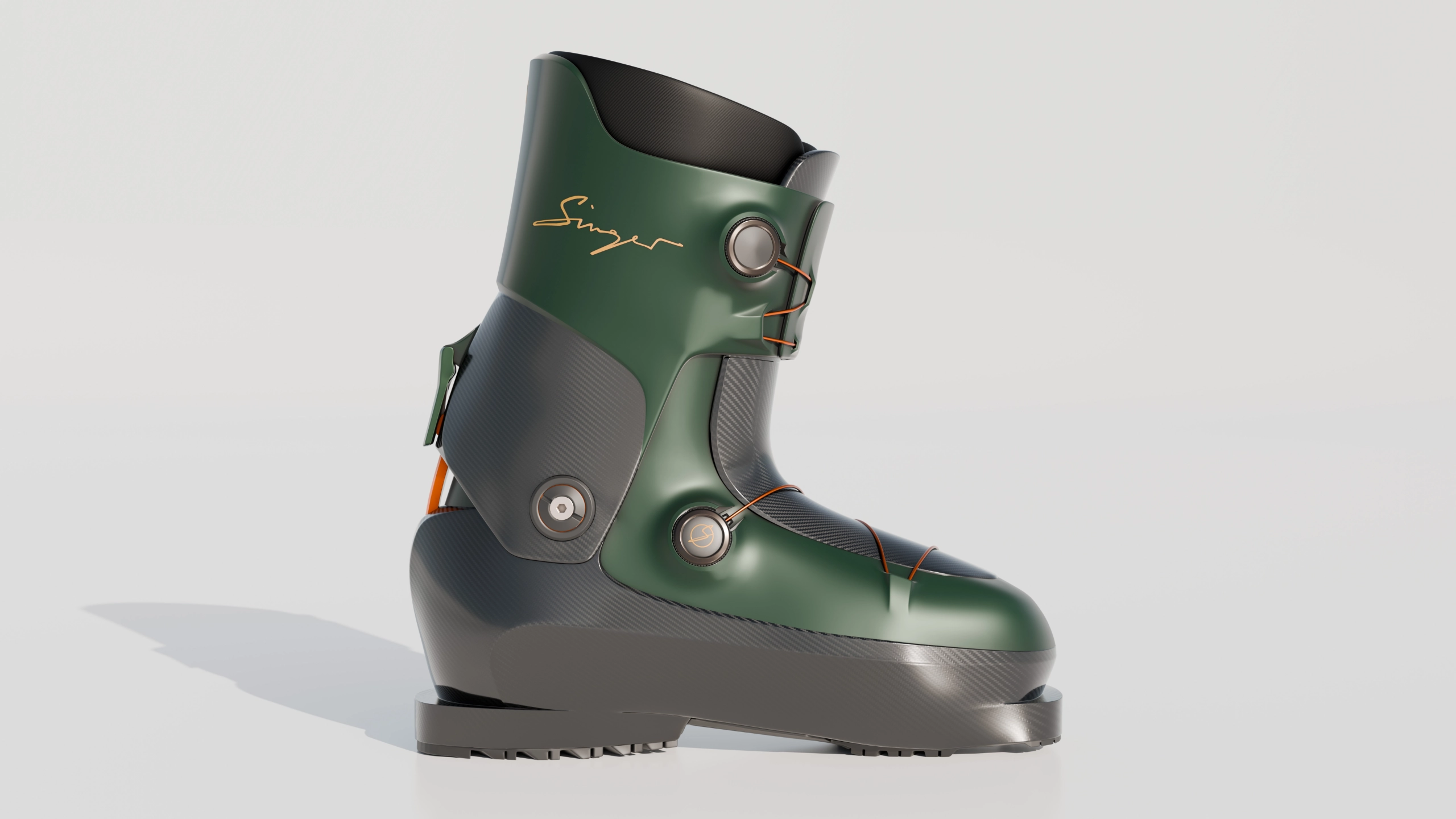 Green and black ski boot with orange laces and signature on side on white background.