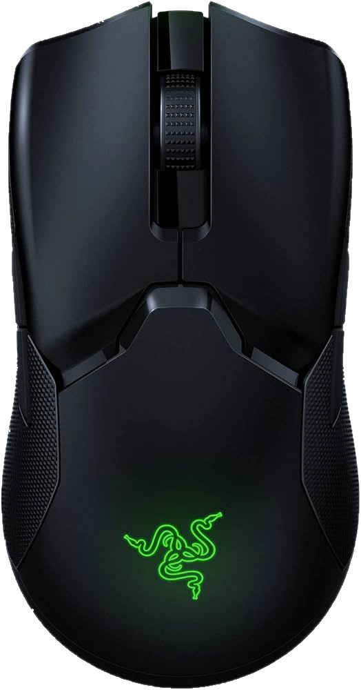 Top view of a black gaming mouse with textured side grips and a glowing green snake logo.