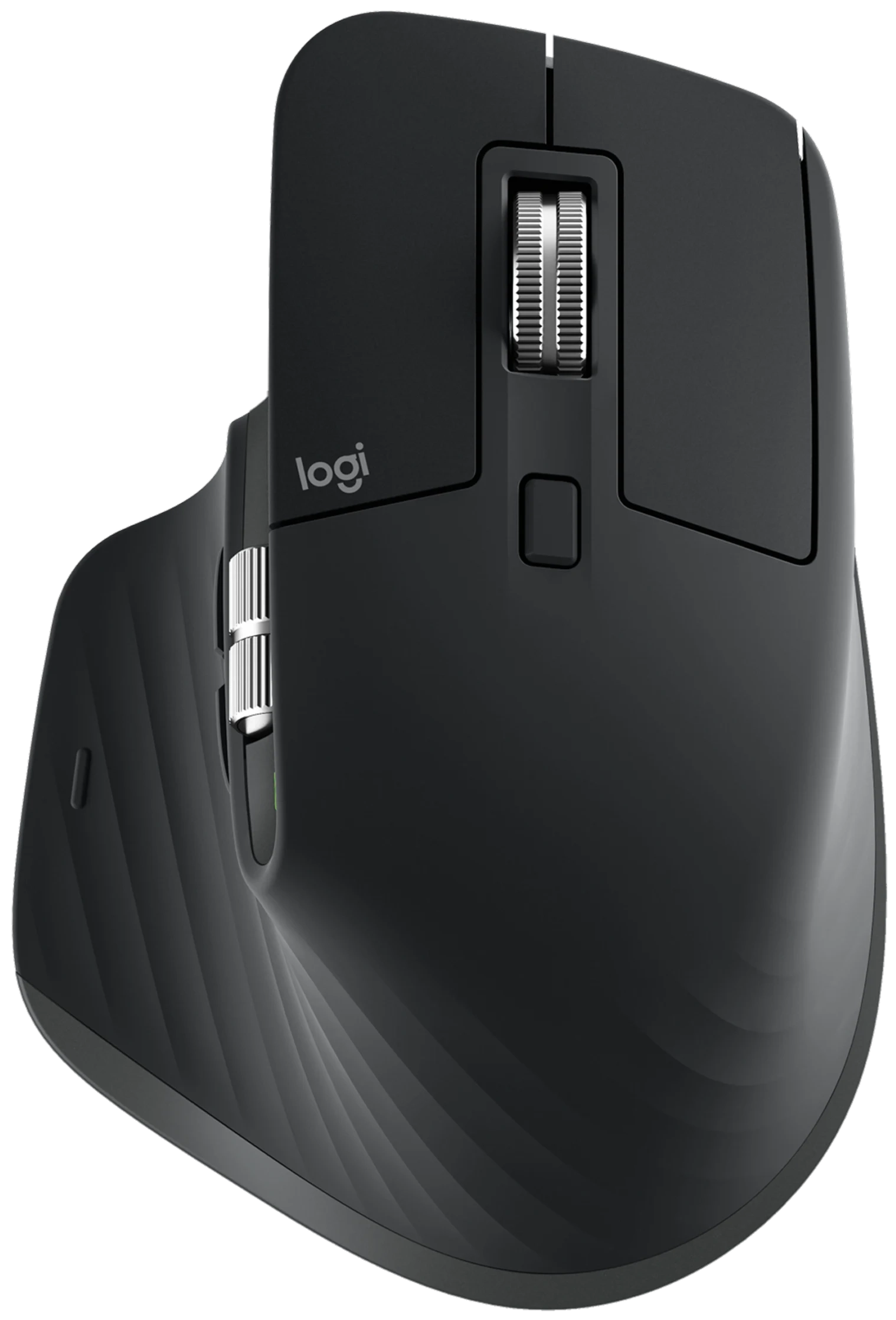 Black ergonomic wireless computer mouse with scroll wheels and thumb rest.