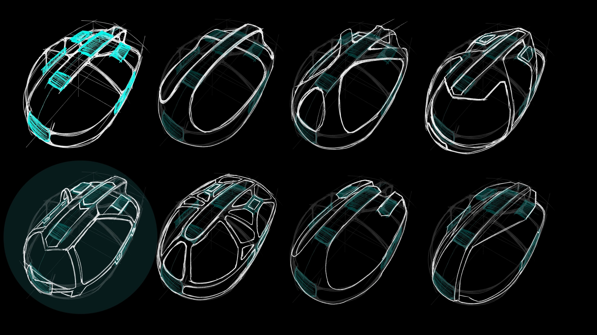 Process sketches for designing a computer mouse.