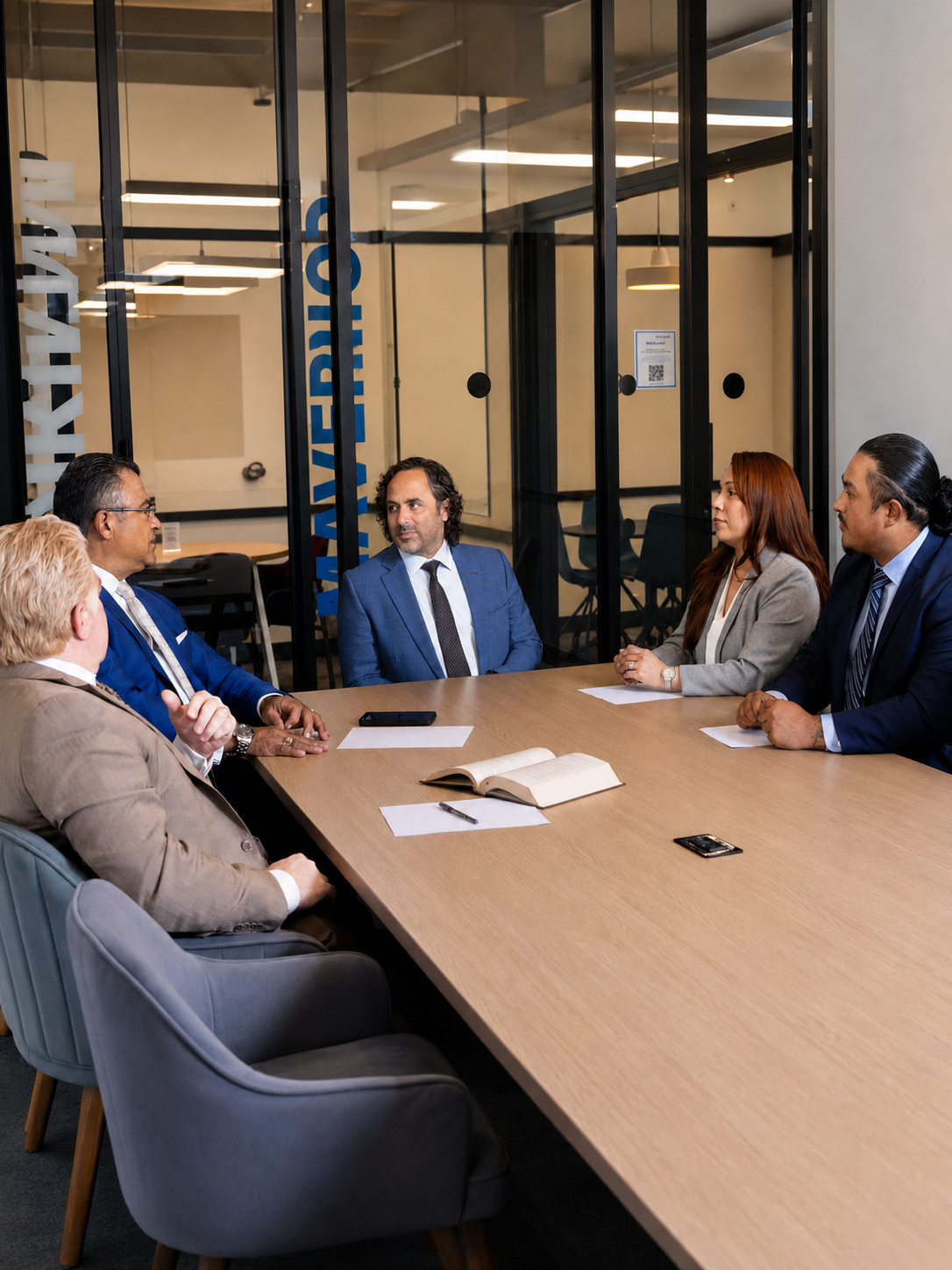 Six team members meeting around a long table in a conference room.