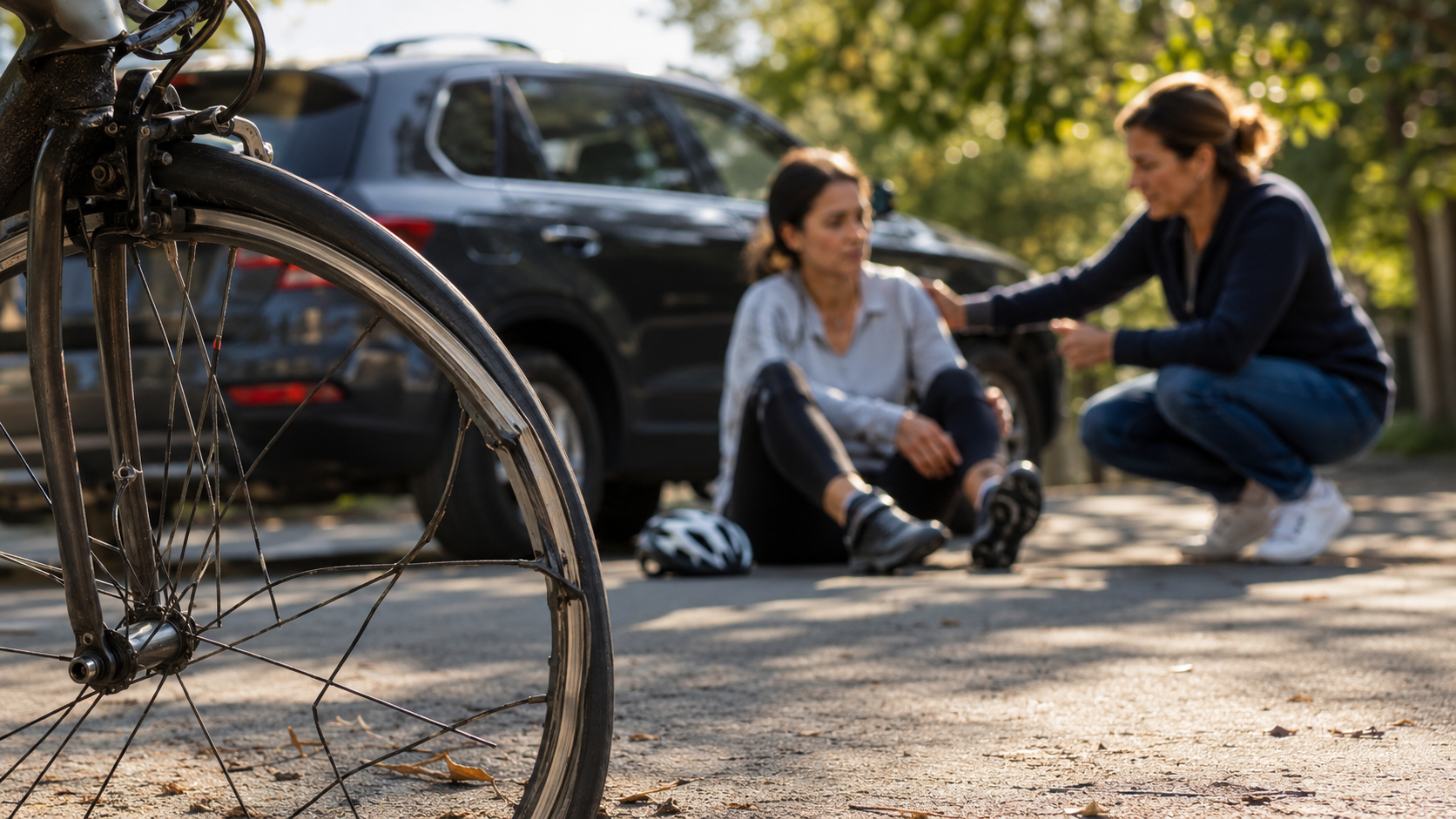 A woman sits on the road next to a bike while another woman helps her.