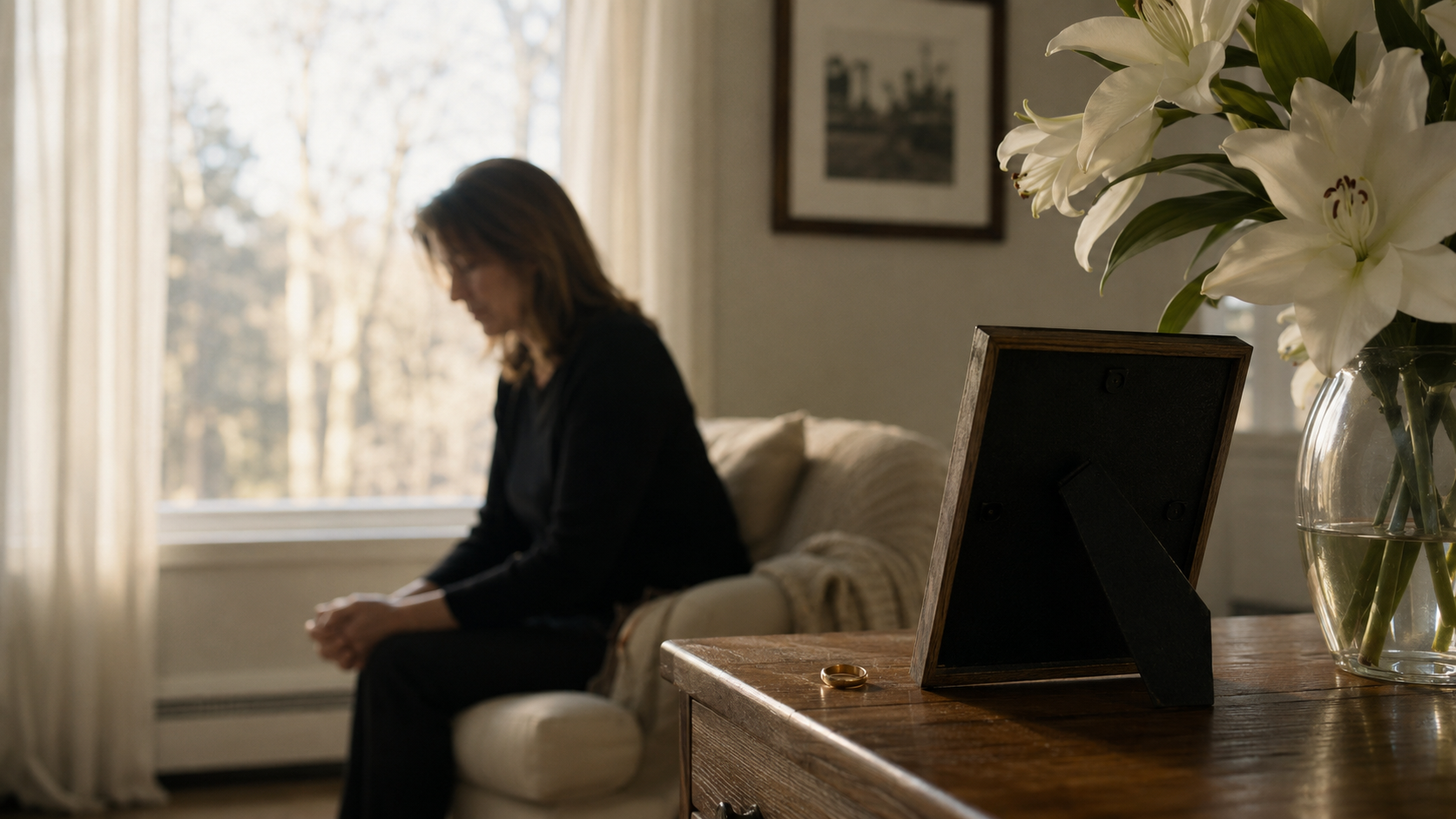 A woman sits alone by a window near an empty photo frame and white lilies.