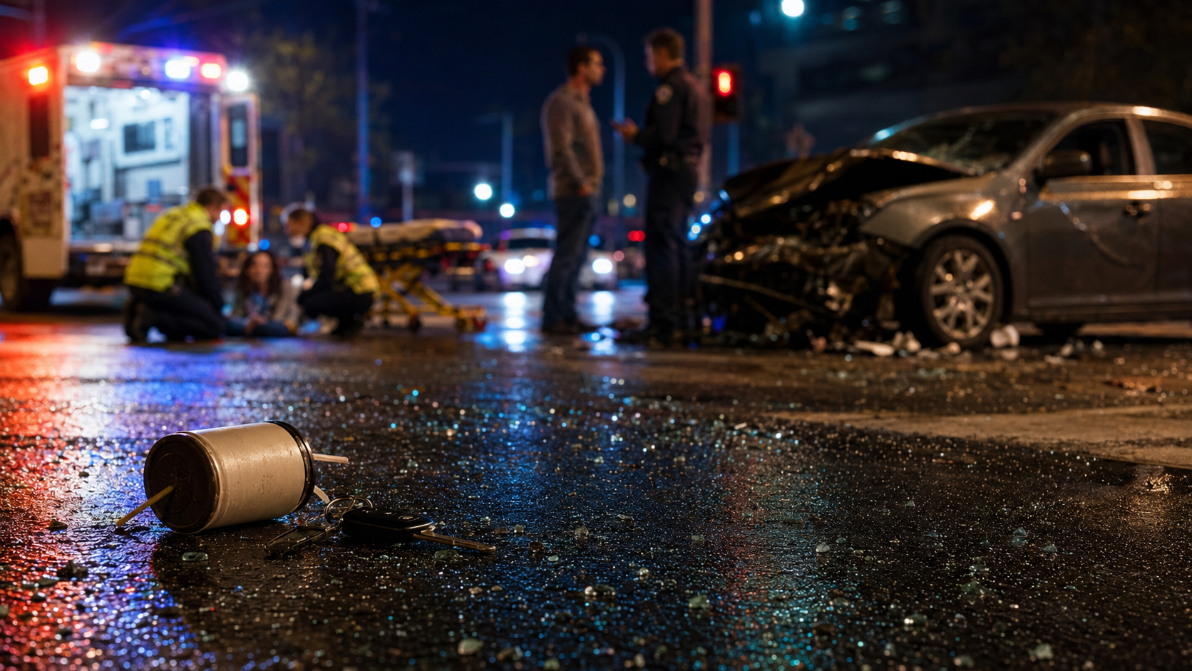 A night crash scene with a wrecked car, an ambulance, and police.