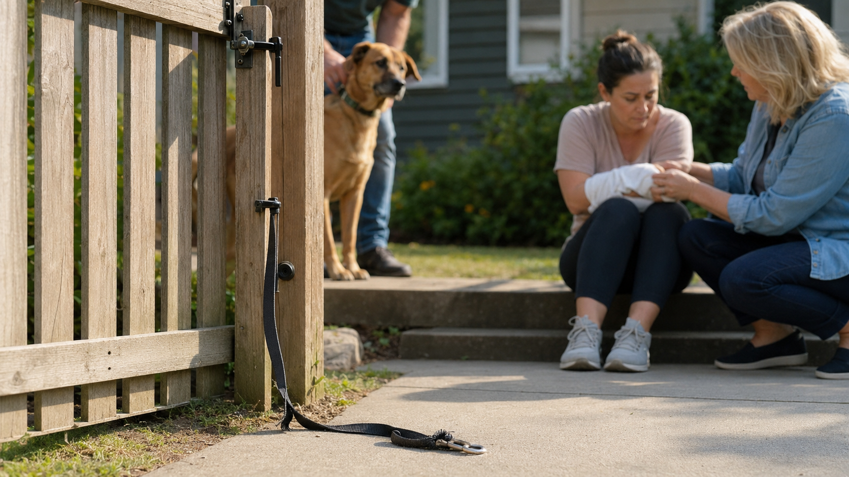 A woman wraps another woman's hand outside while a dog stands by an open gate.