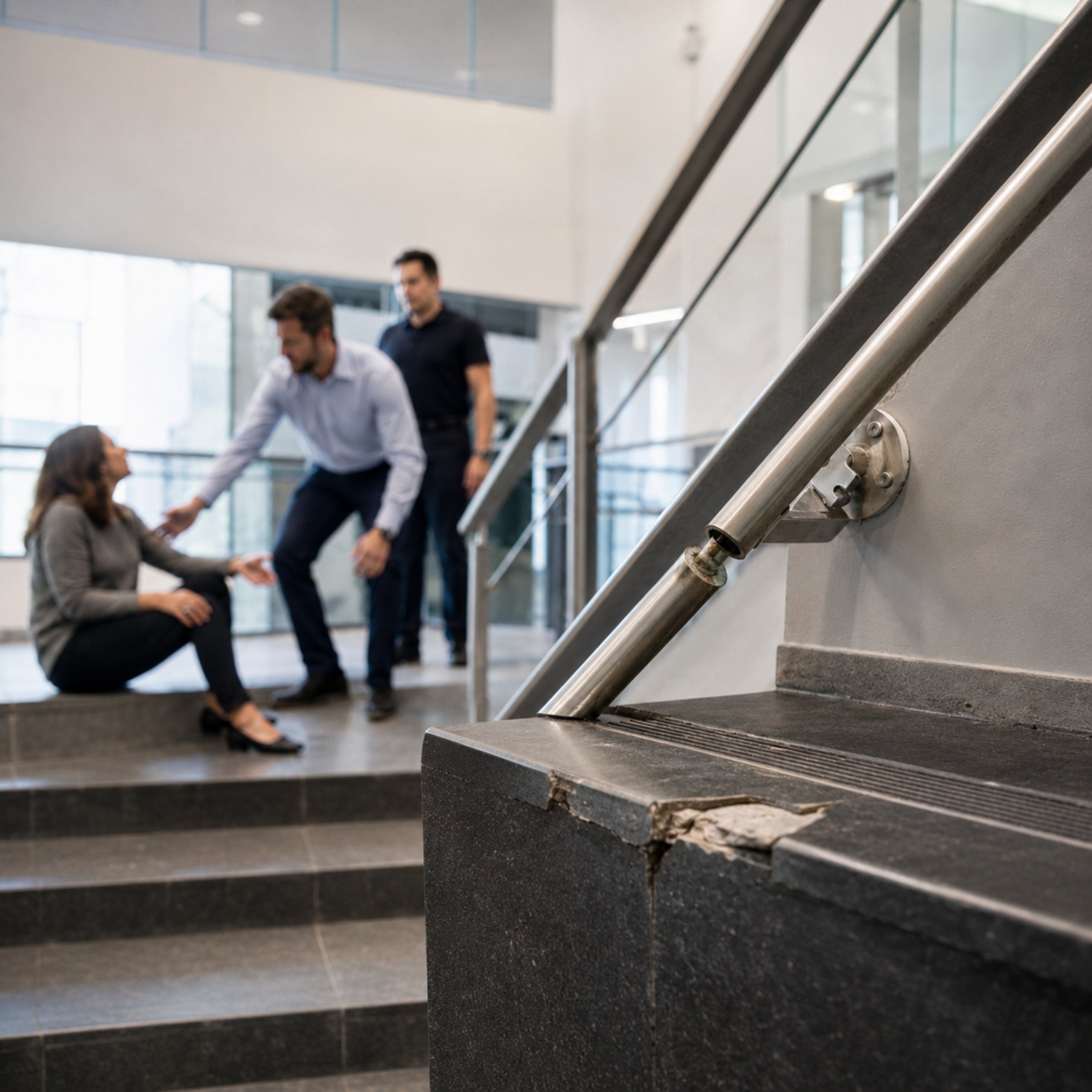 A woman sits on stairs with a broken step edge while two men come to help.