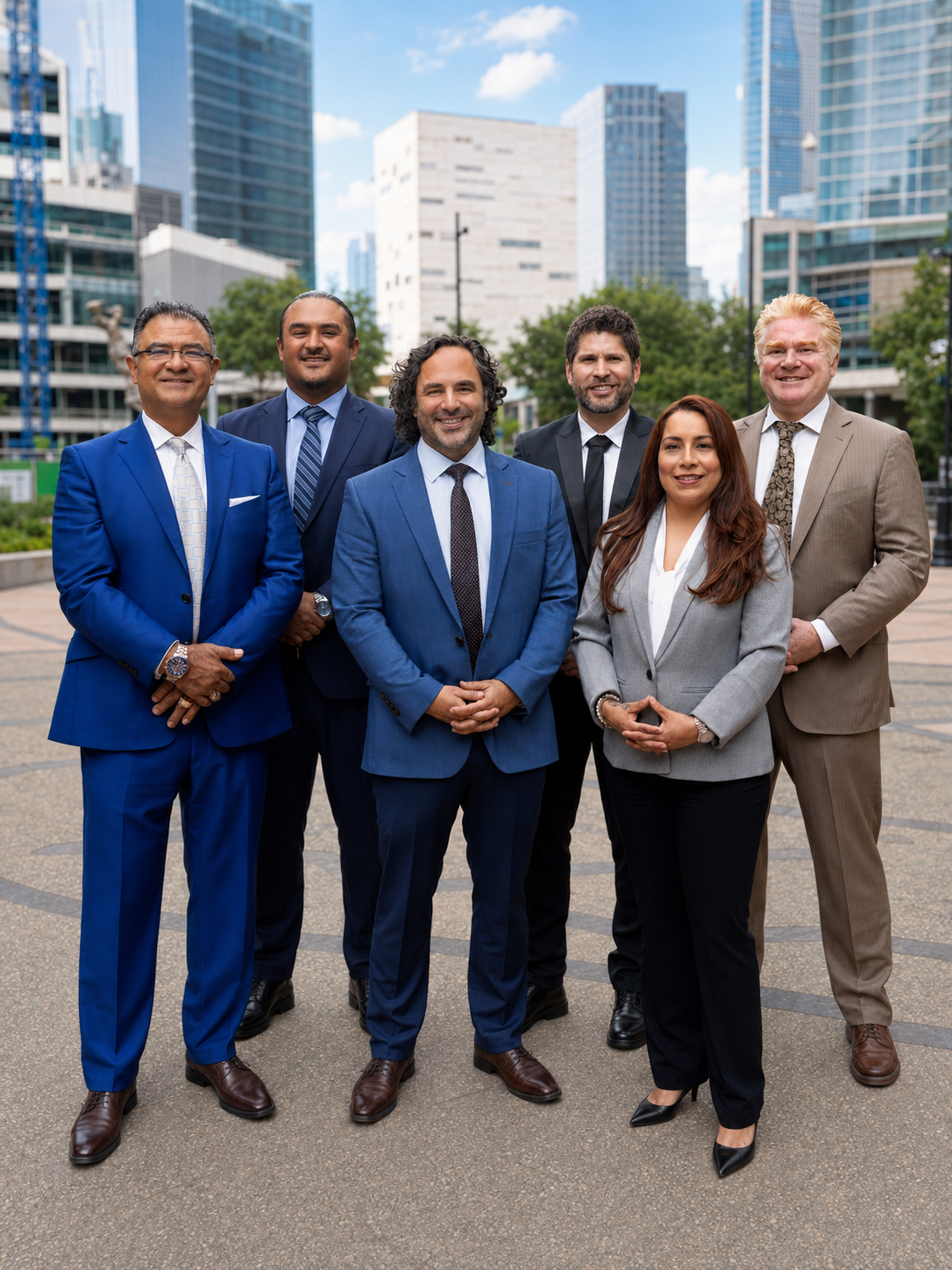 Six members of the law firm team standing outside in front of city buildings.