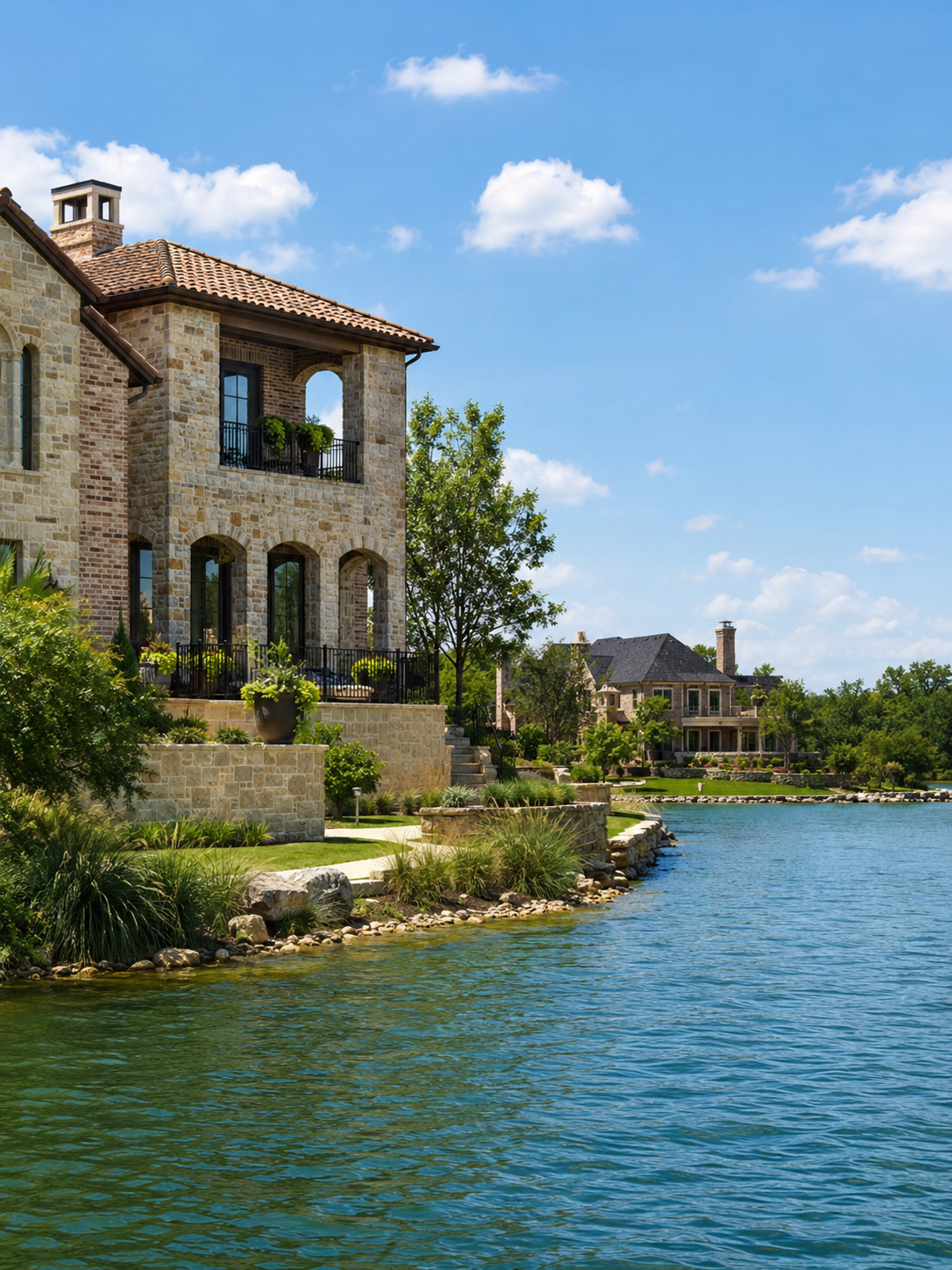 Large stone homes with green lawns beside a lake in McKinney on a sunny day.