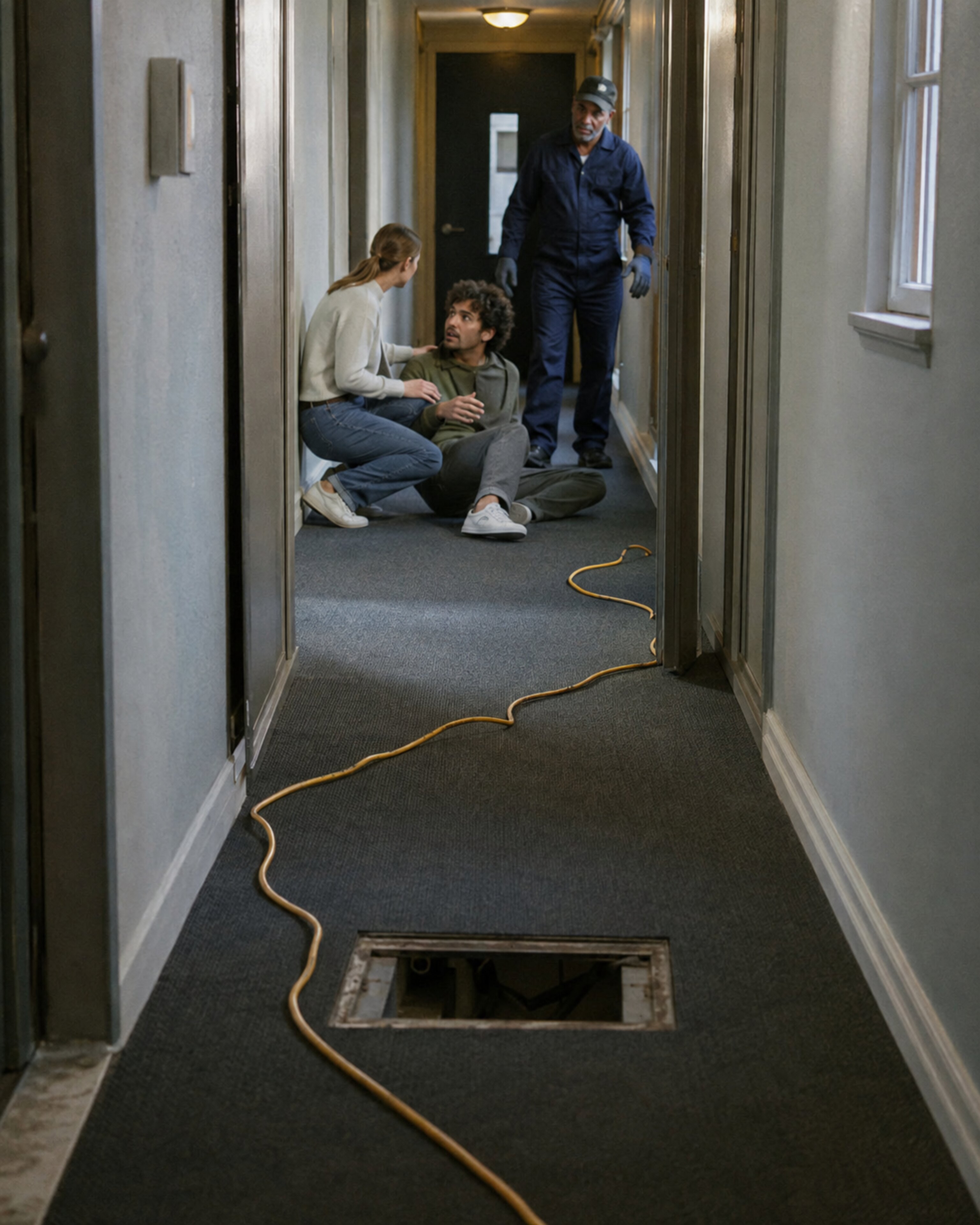 A man sits on a hallway floor after a fall near an open floor hatch and a loose cord.