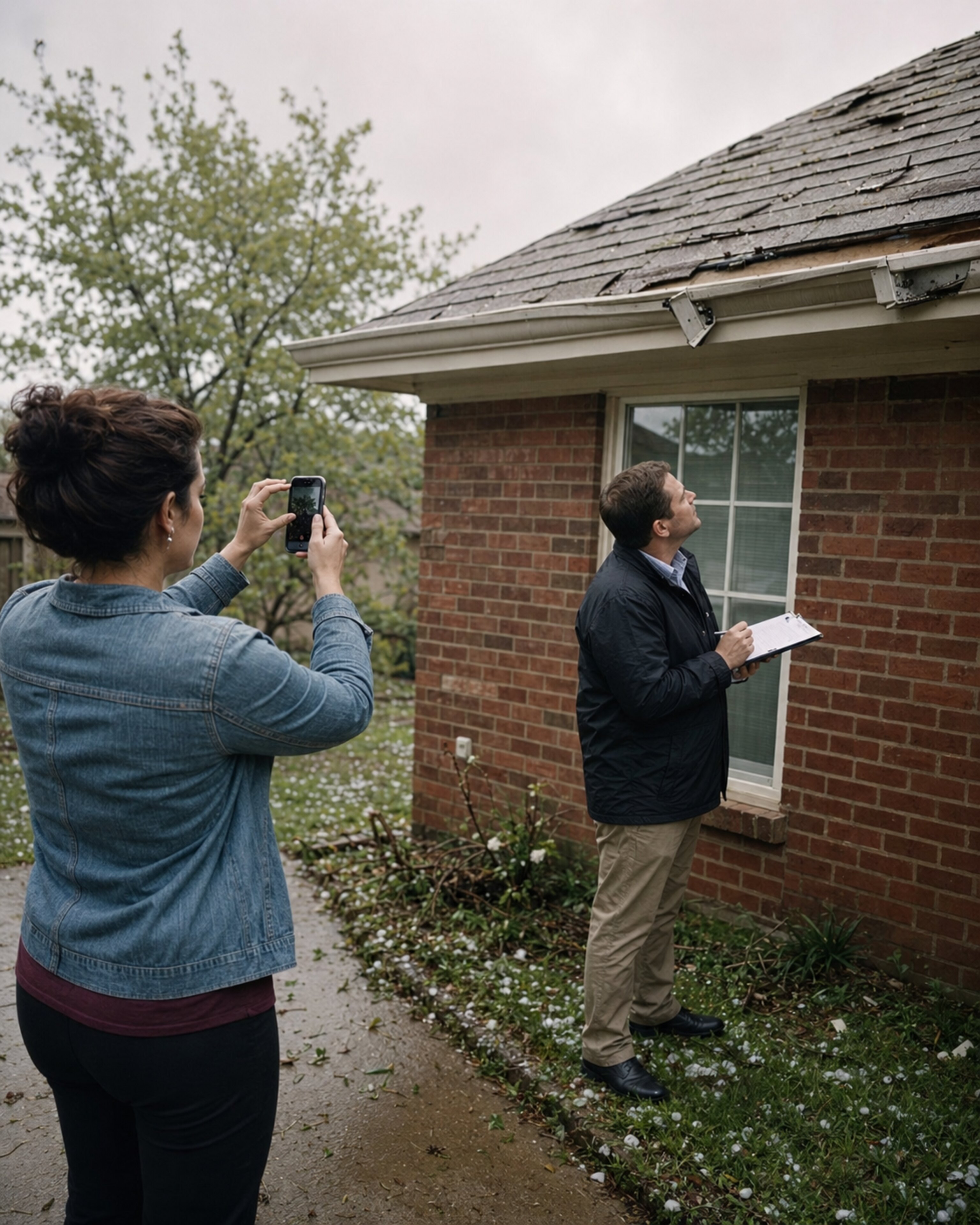 A woman photographs a damaged roof while a man with a clipboard looks up at the house.