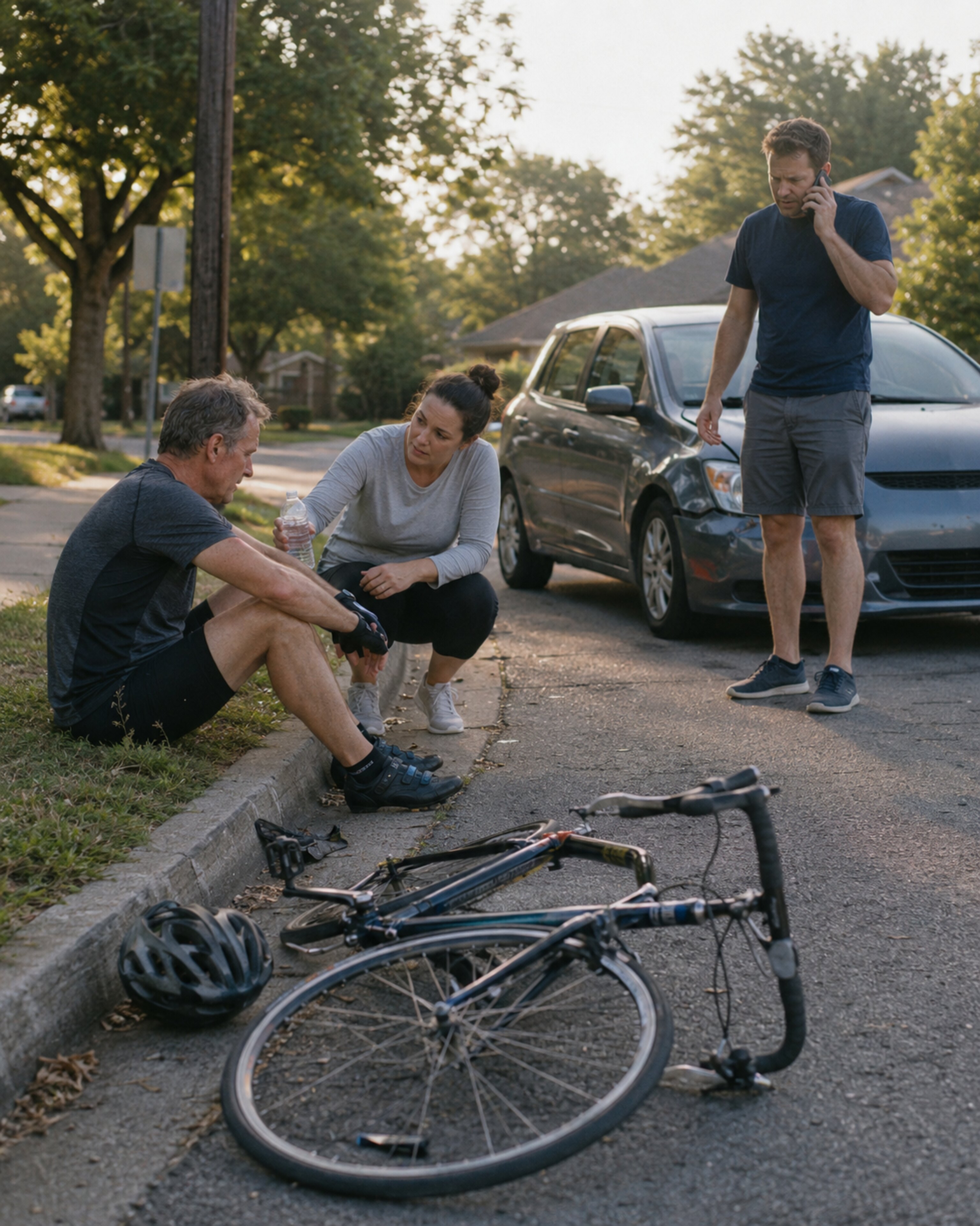A cyclist sits on a curb next to a fallen bike while a woman helps and a man calls for help.