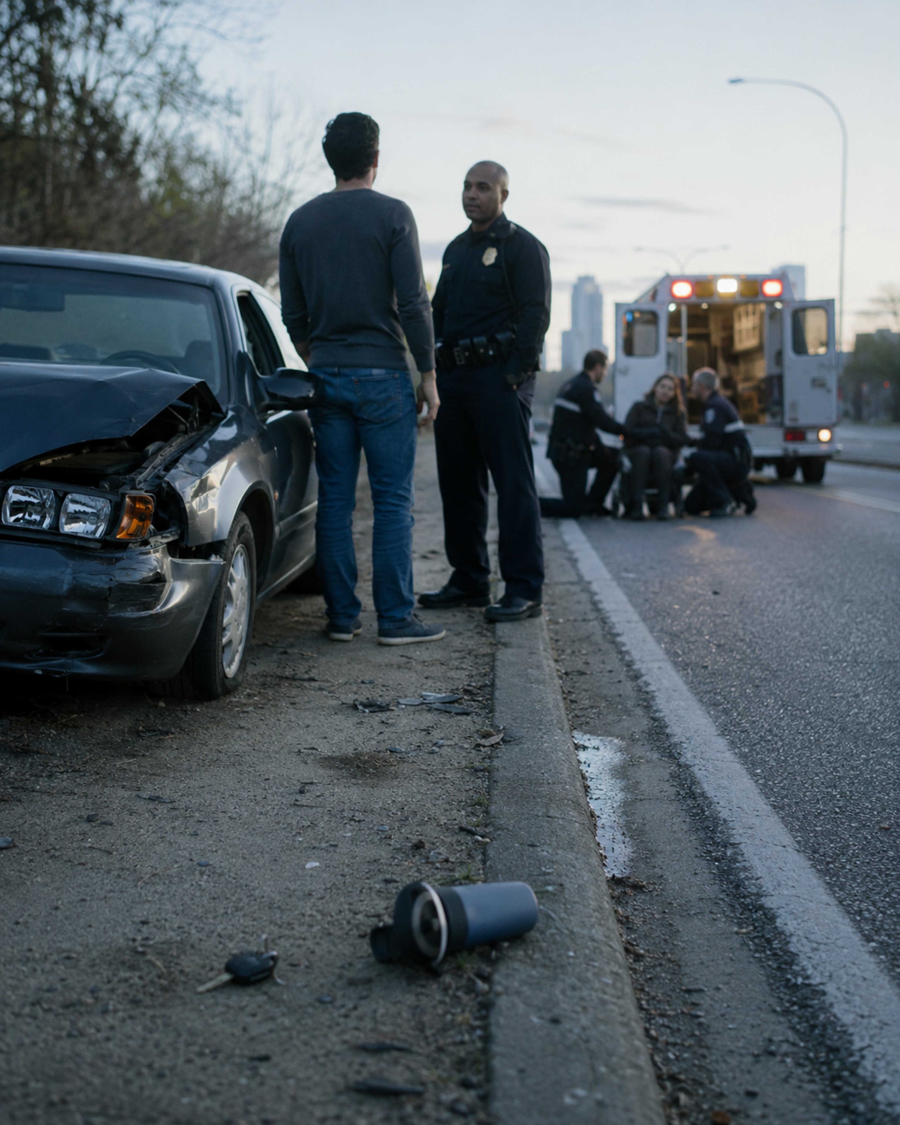 A police officer talks with a man beside a wrecked car while medics help someone by an ambulance.