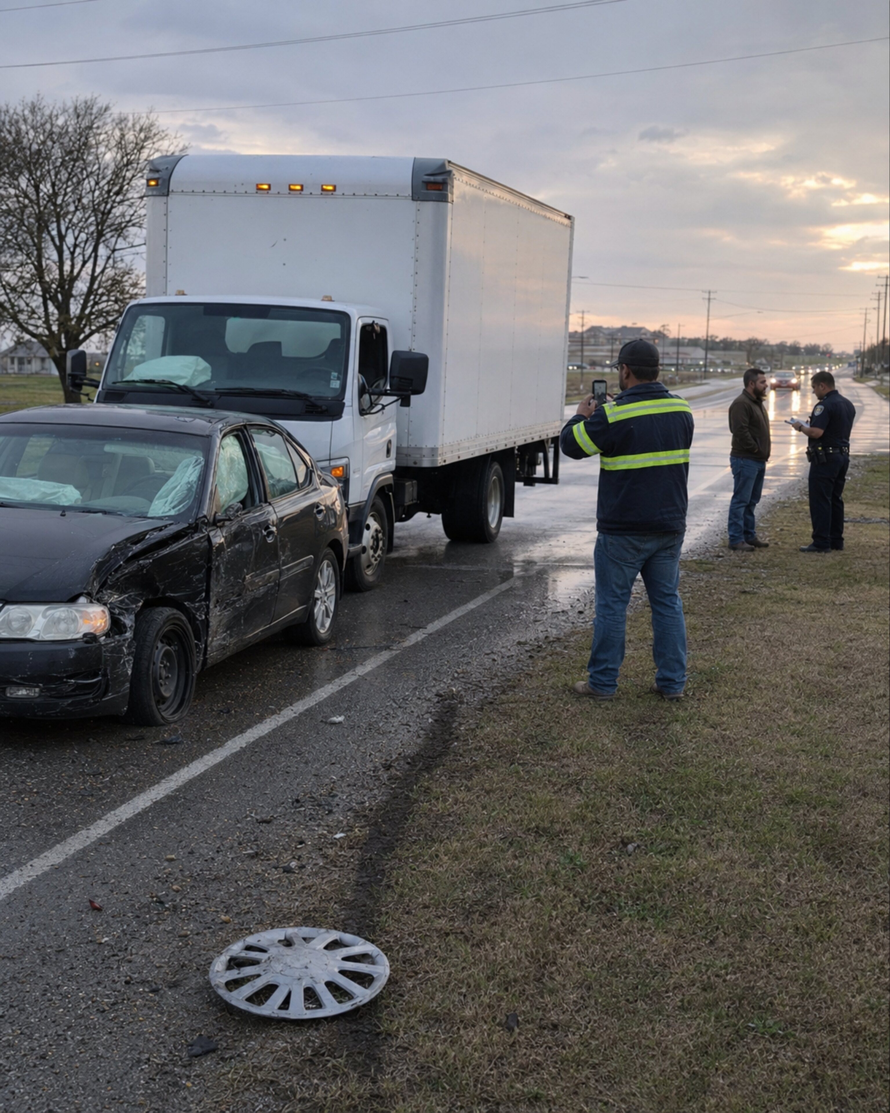 A damaged car and a box truck stopped on the roadside after a crash while a man takes photos.
