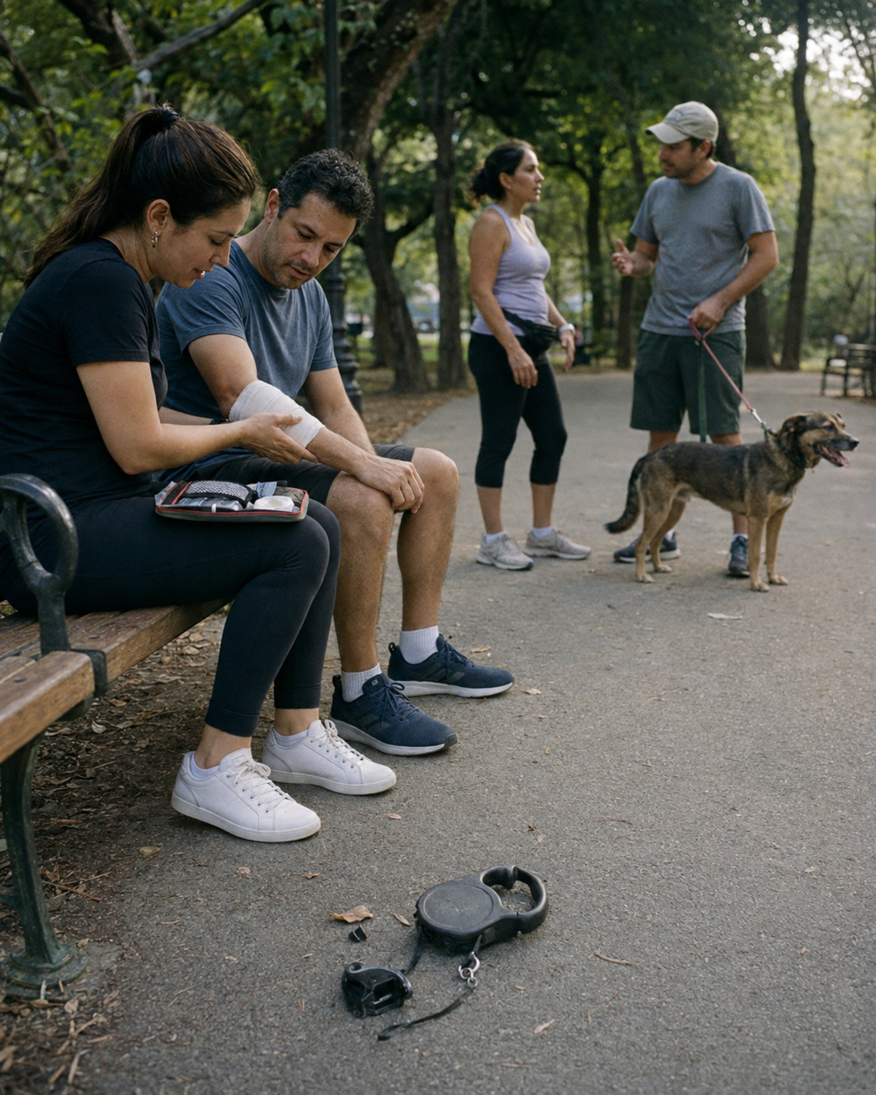 A woman wraps a man's arm on a park bench while a dog stands on a leash nearby.