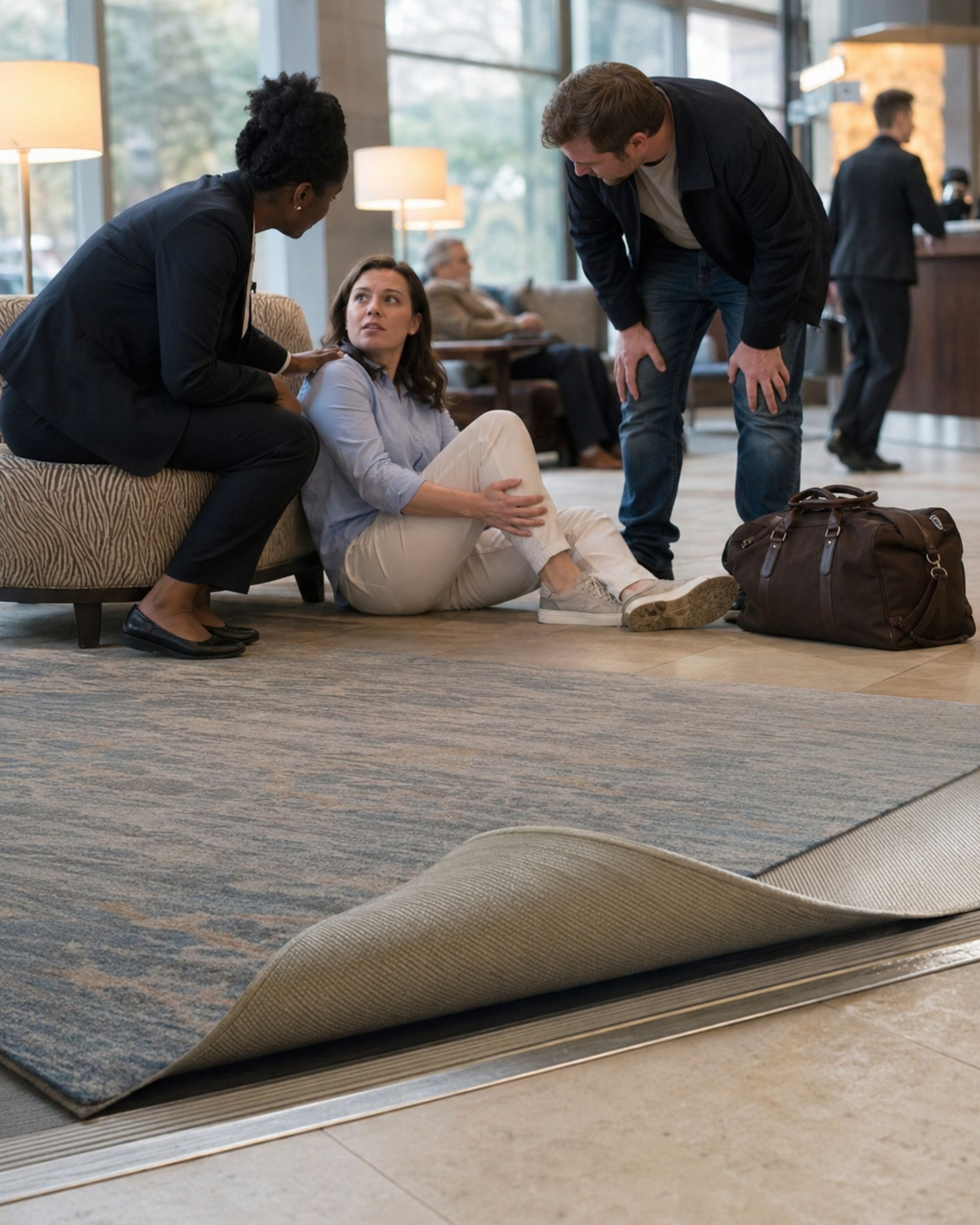 A woman sits on a lobby floor holding her leg near a curled rug while two people check on her.