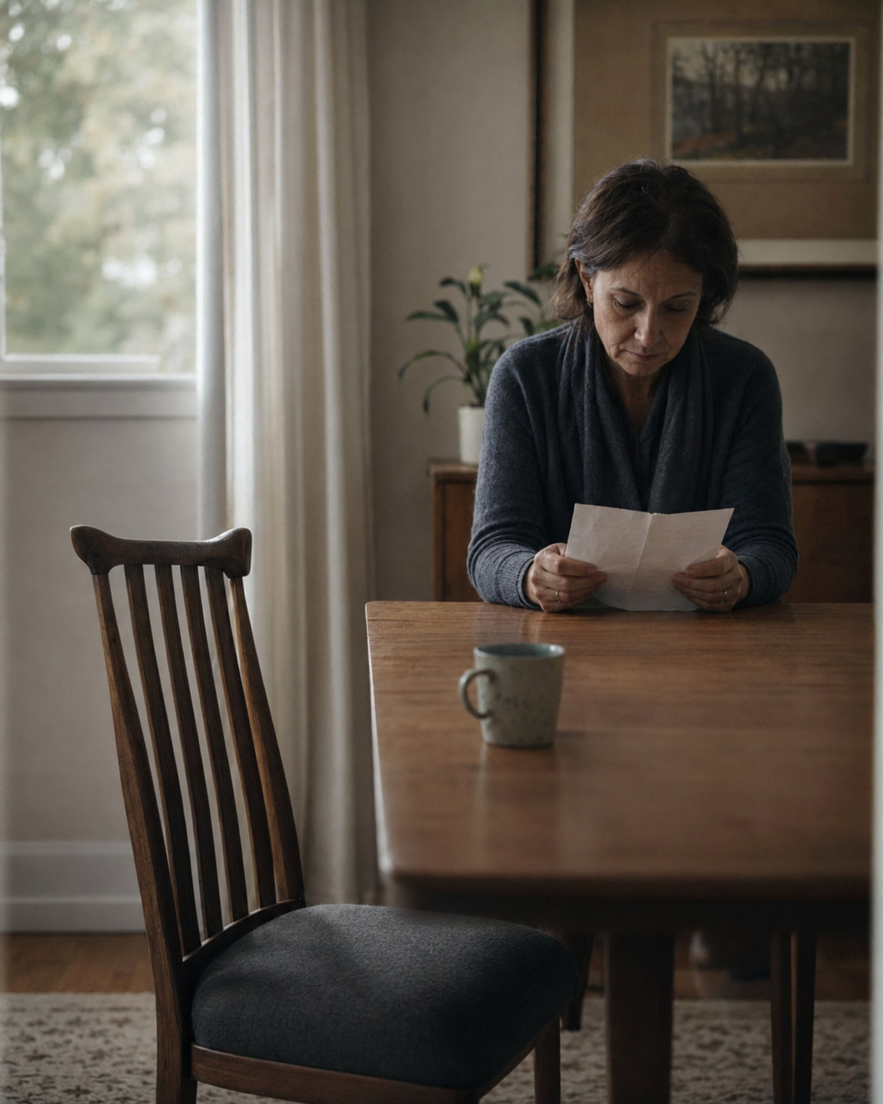 A woman reads a letter alone at a dining table with an empty chair across from her.