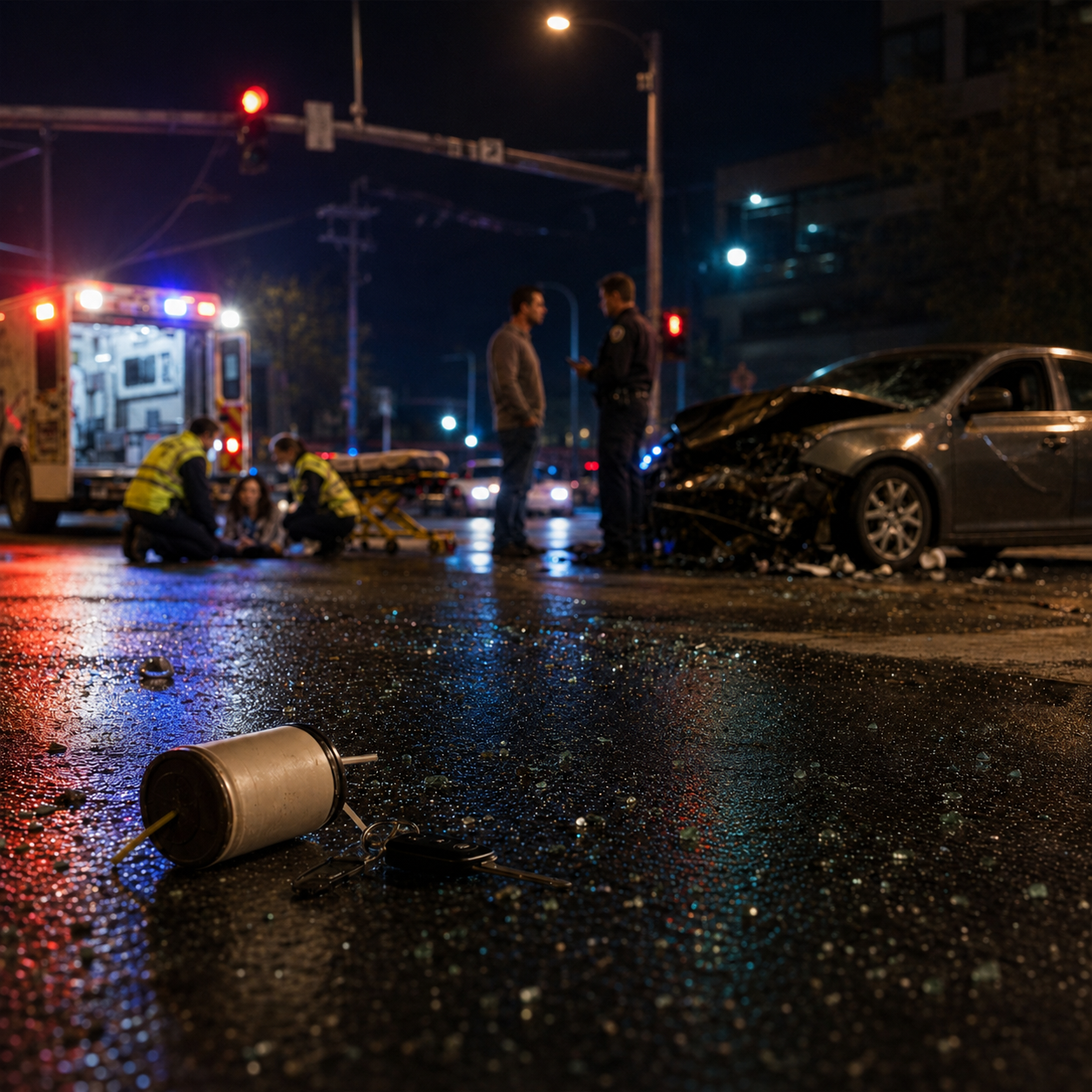Night time crash scene with emergency responders at a Dallas intersection
